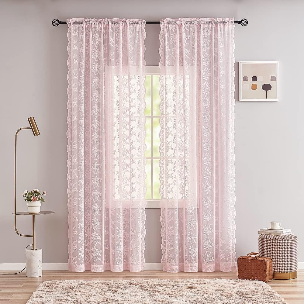 Detalle de YJ YANJUN Vintage Lace Curtains, Light Pink Floral Sheer, 52 x 80 Inches