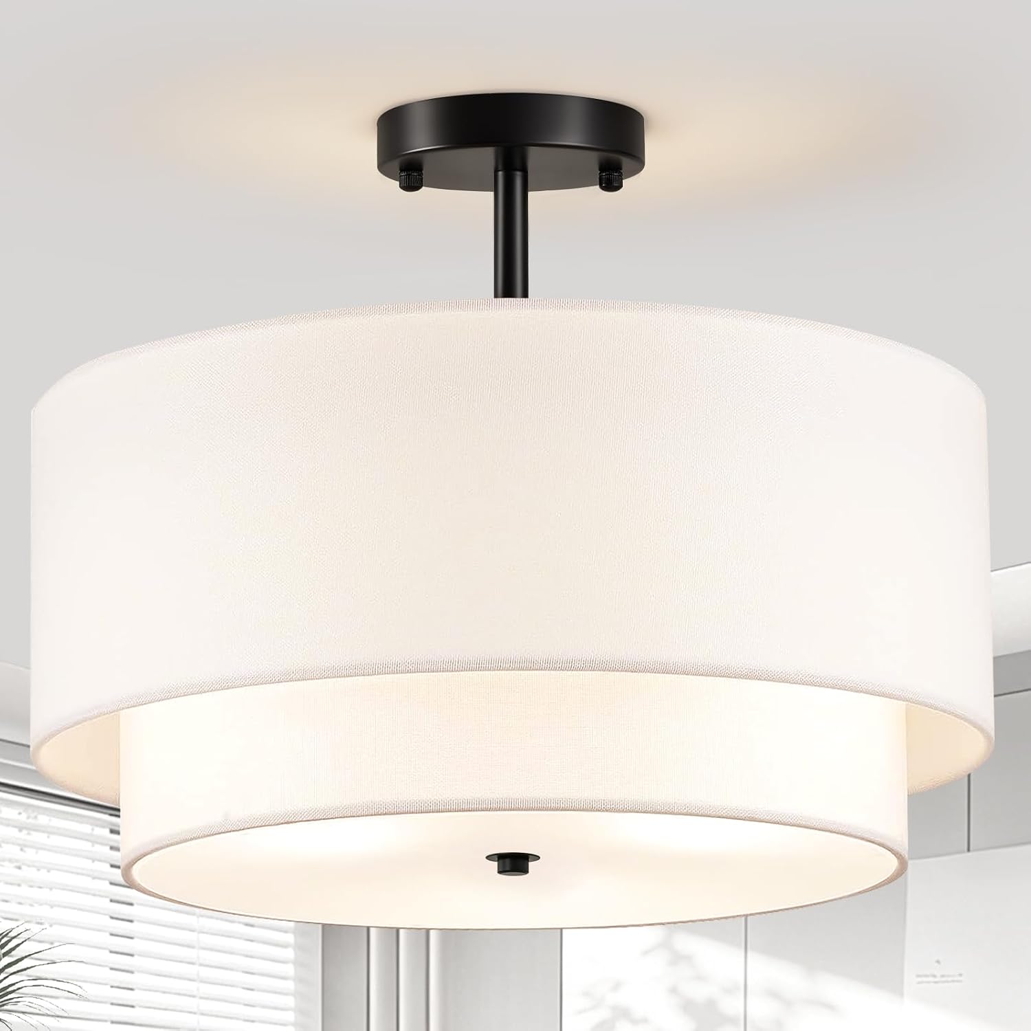 Detalle de Maichixin 18-Inch Semi-Flush Mount Ceiling Light, 4-Light, White Fabric Shade