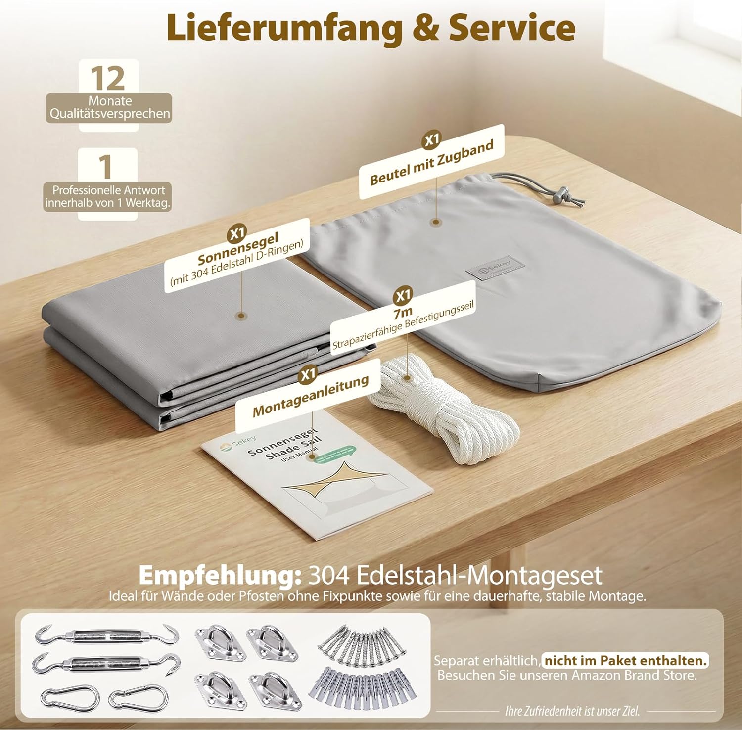 Thumbnail 5 de Sekey Sonnensegel 2x3m Rechteckig – wasserdicht, ohne Mittelnaht, 160 g/m² PES, Lotus-Effekt, Edelstahl-Ringe