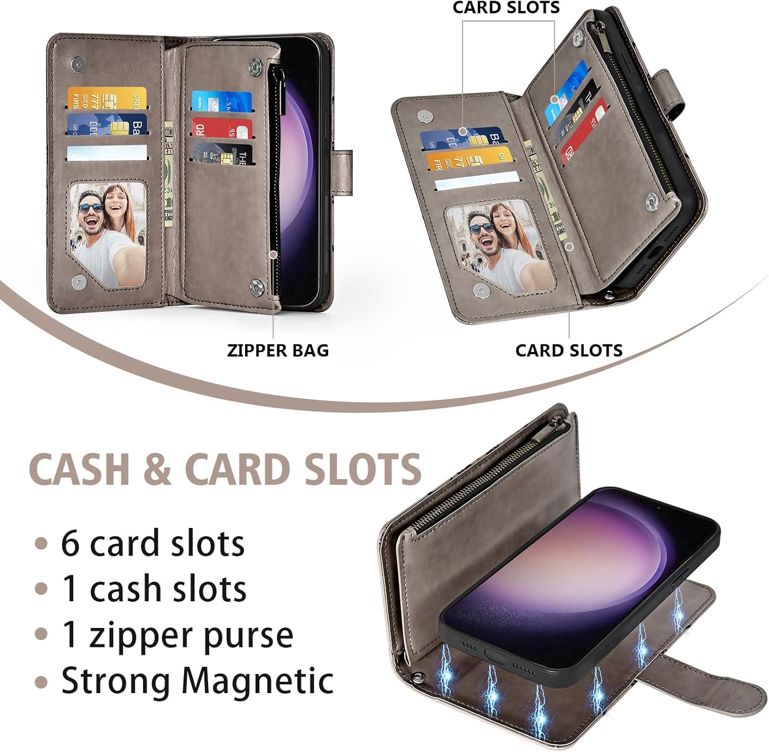 Thumbnail 3 de Asuwish Galaxy S23 5G Zipper Wallet Case with Screen Protector & Detachable Straps (Grey)