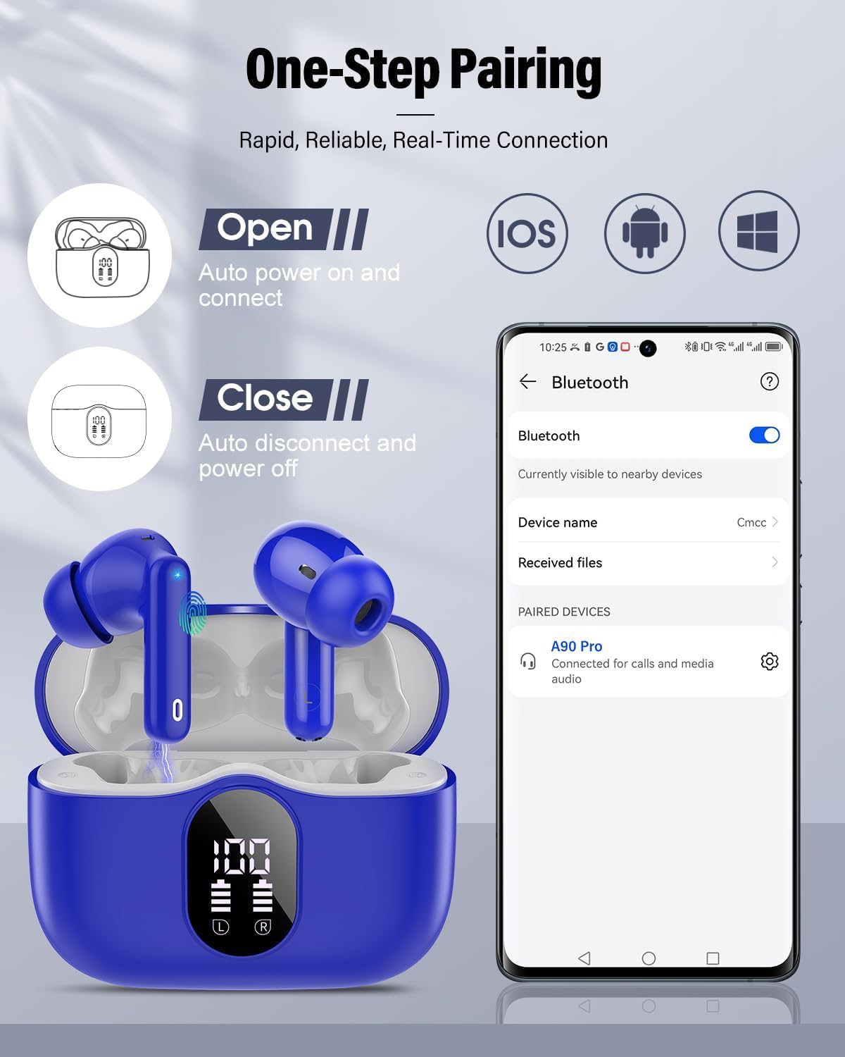 Detalle 2 de Btootos Wireless Earbuds (Bluetooth 5.4) with 4-Mic ENC, Noise Cancelling Bass & LED Display, Blue