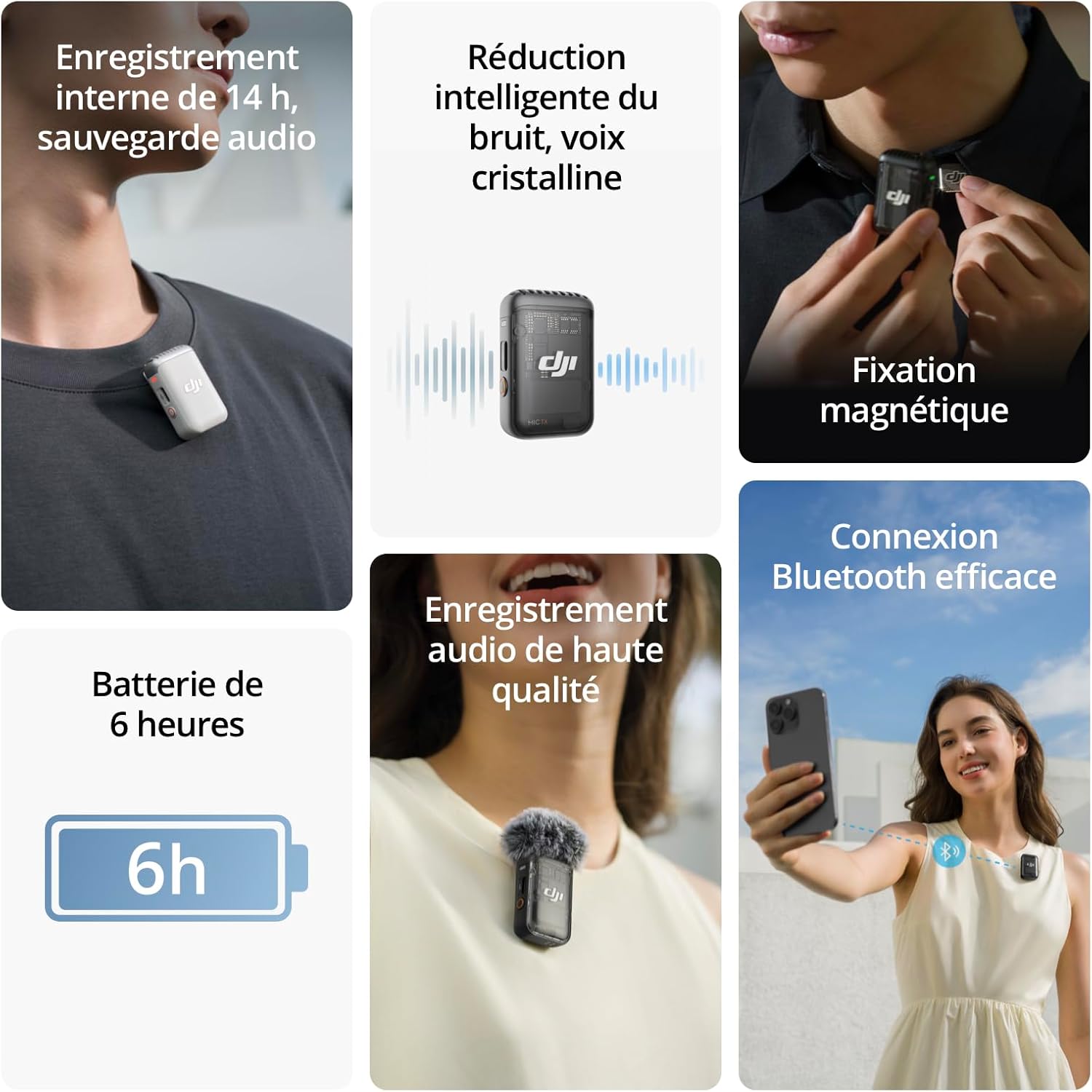 Detalle de Émetteur DJI Mic 2 (Blanc nacré) – Microphone sans fil avec réduction intelligente du bruit et enregistrement interne