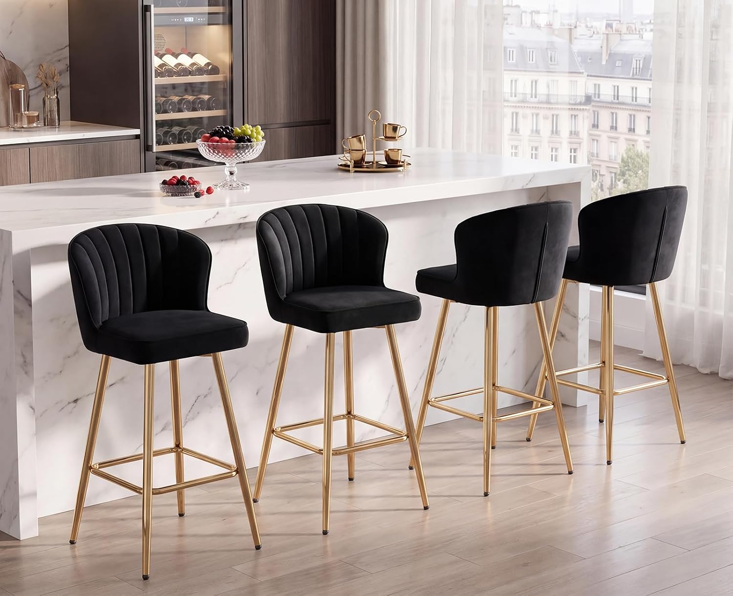 Thumbnail 6 de chairus barkrukken set van 2 in fluweel met zwart-goudkleurig metalen frame