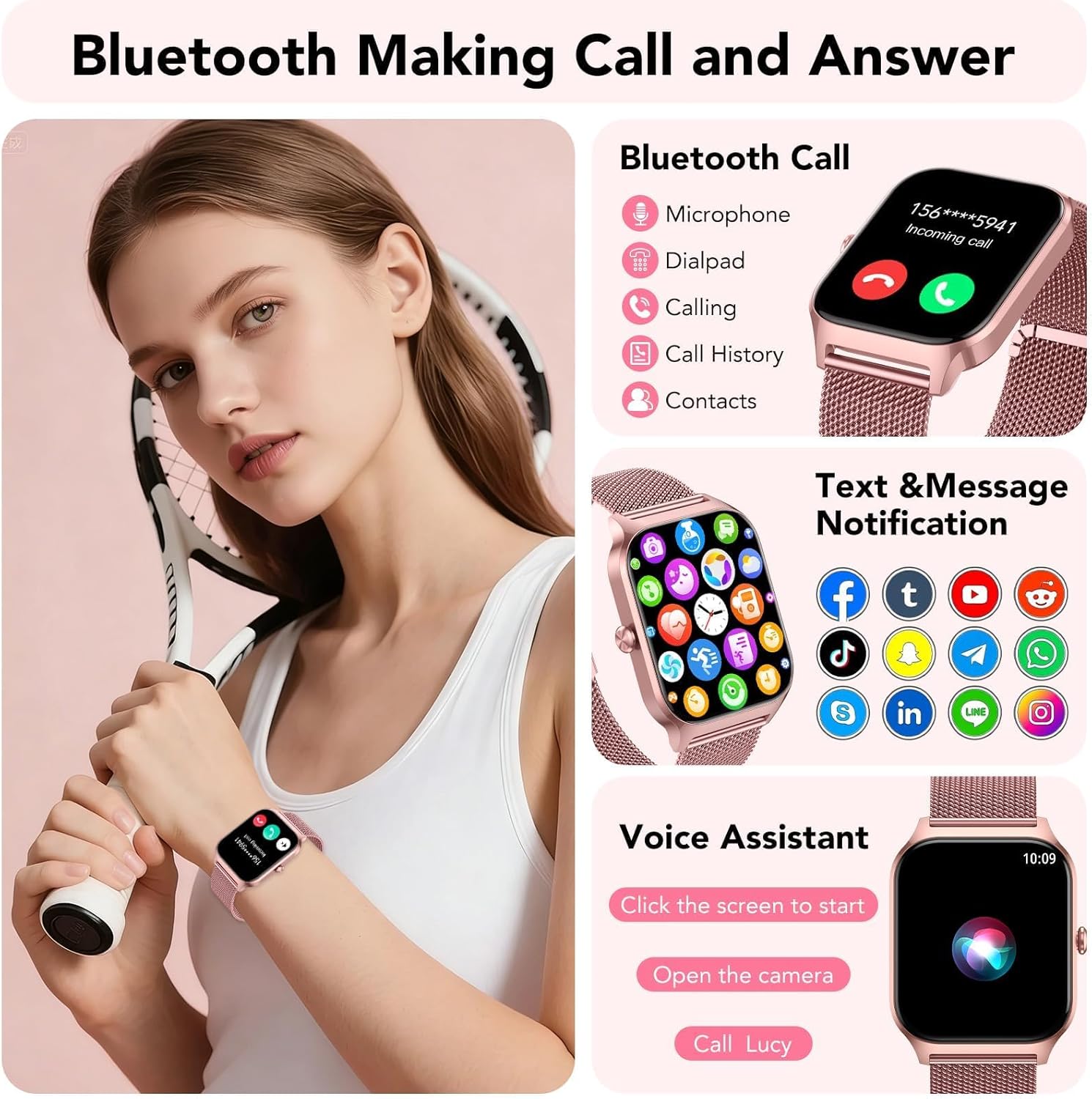 Thumbnail 2 de CASCHO women’s smart watch with 1.85" HD display, Bluetooth calling & 120+ sport modes (rose gold)