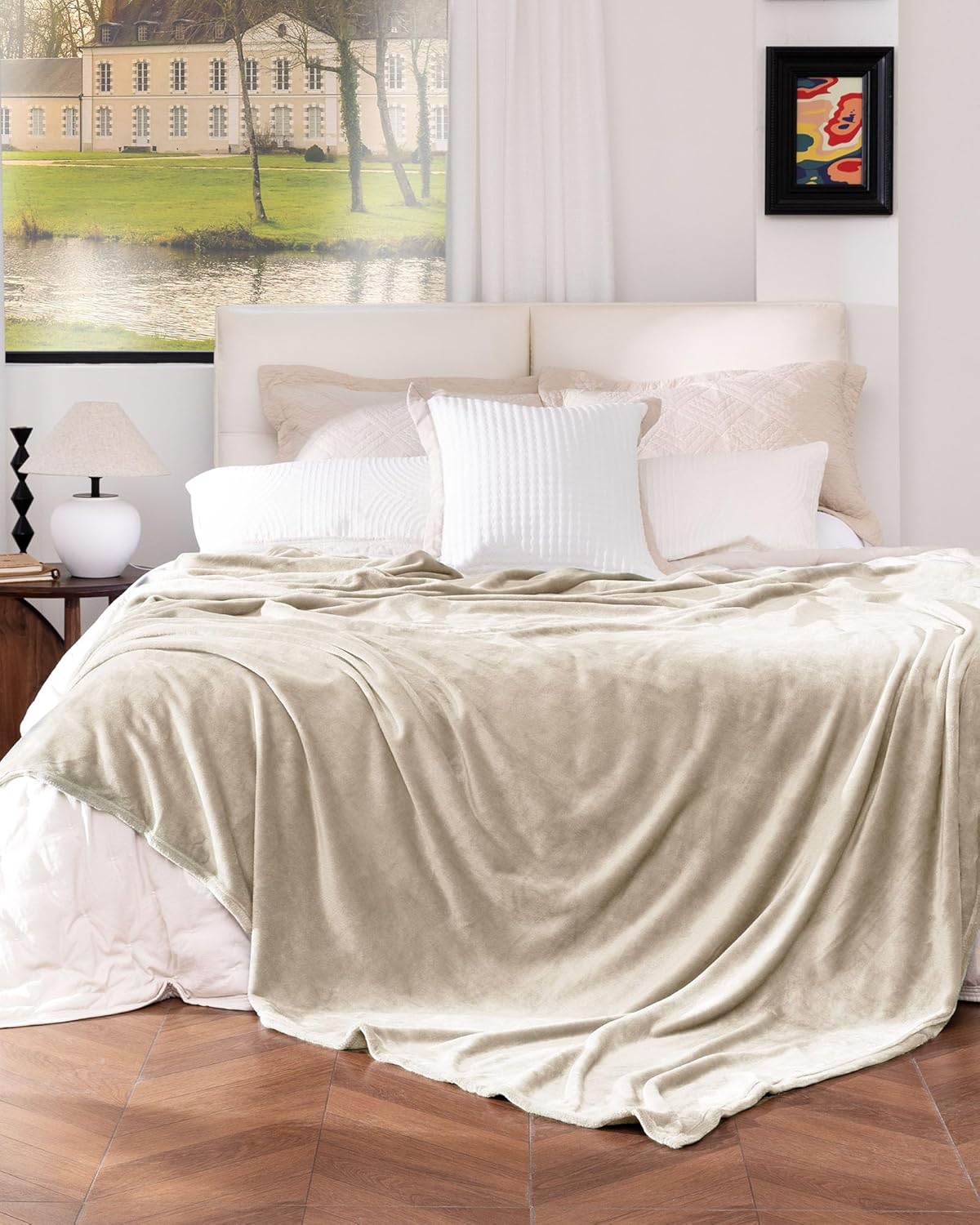 Thumbnail 1 de blunique Fleece Blanket Solid Lightweight Flannel – King 104x90 inches, Linen