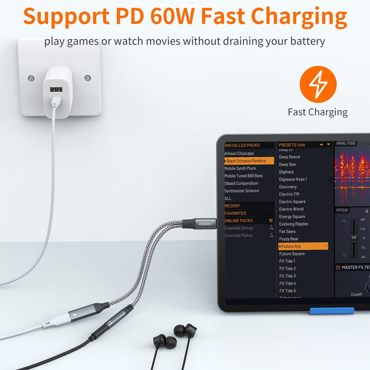 Detalle 2 de JXMOX 1640be46-8391-4e9d-a389-0b83885df706 USB-C Audio and Charging Adapter, 60W PD