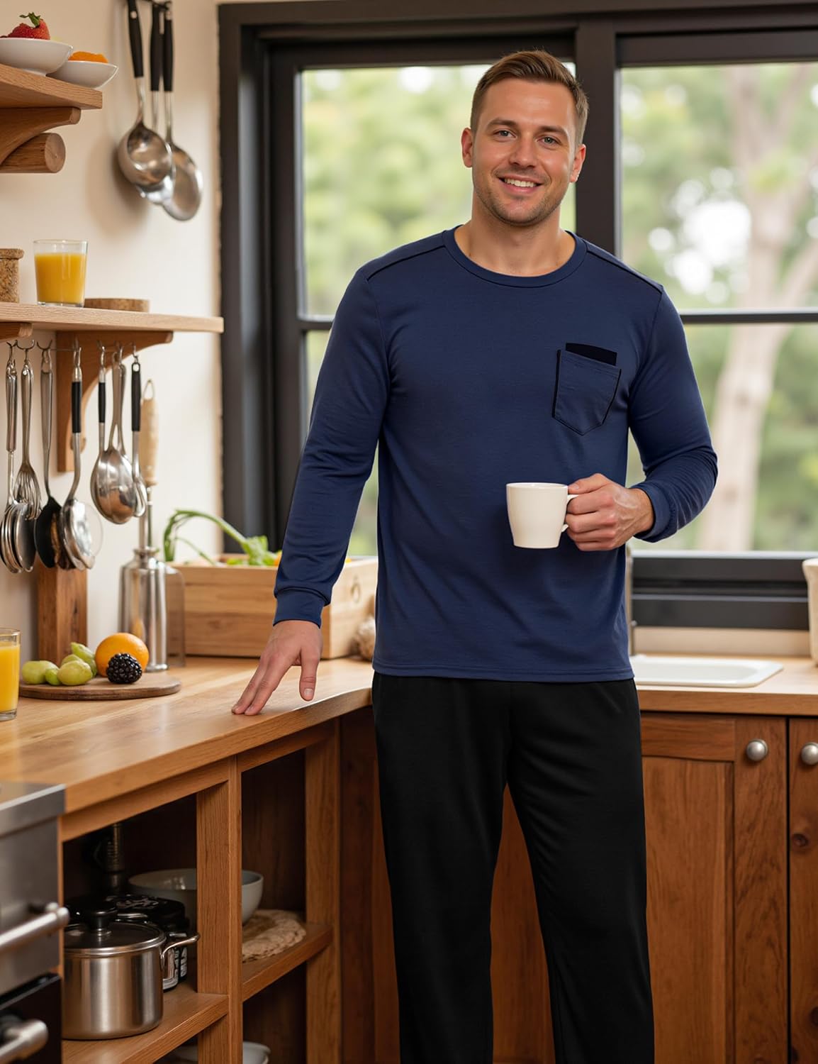 Detalle 2 de Uniexcosm Pyjama Homme Hiver en Coton – Ensemble avec Poches et Ceinture Rabattable