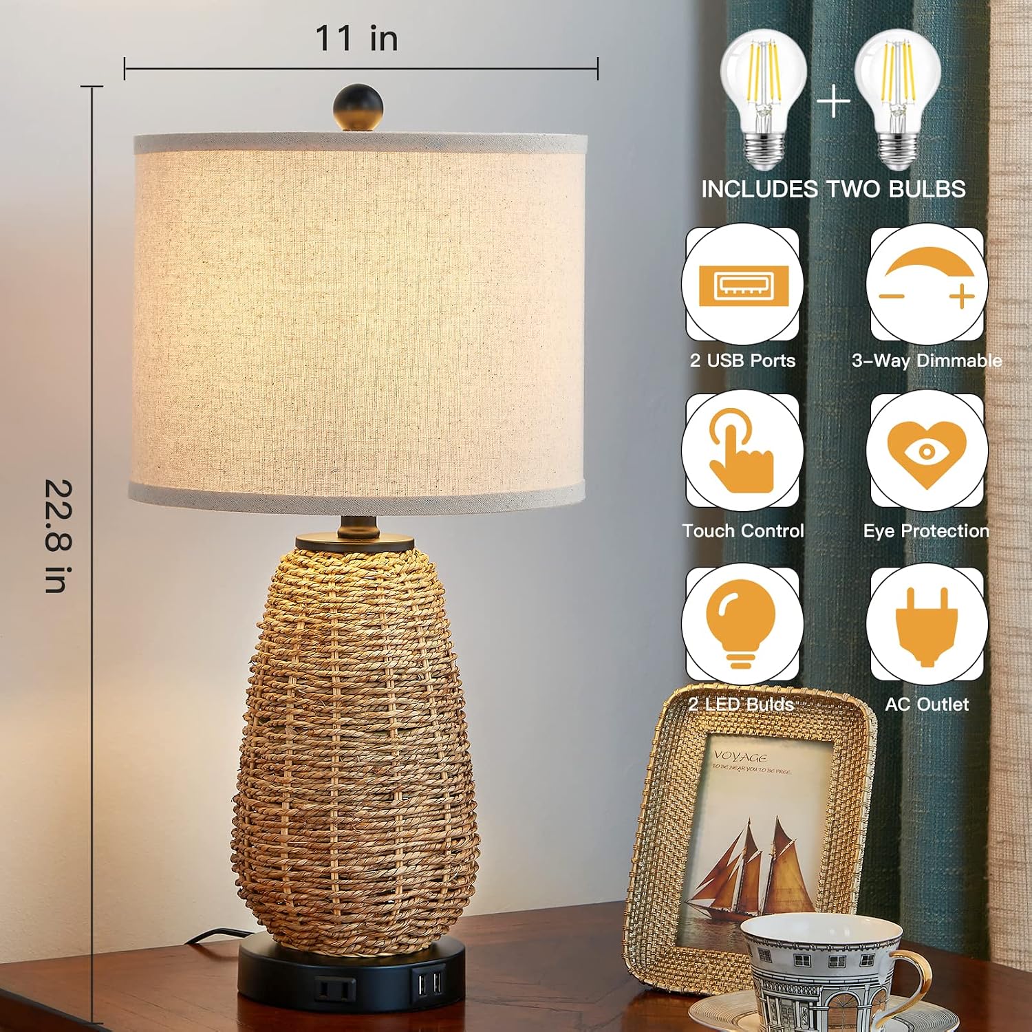 Detalle 2 de CINSARY TD-CS-65 Rattan Table Lamps, Set of 2 with Touch Dimming