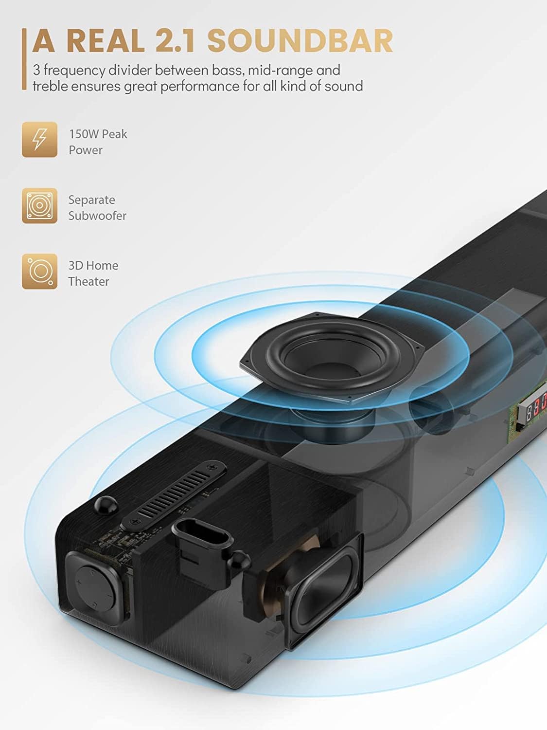 Detalle de MEREDO Soundbar 2.1 Holz – 150 W mit integriertem Subwoofer, ARC, BT 5.0, 5 EQ-Modi