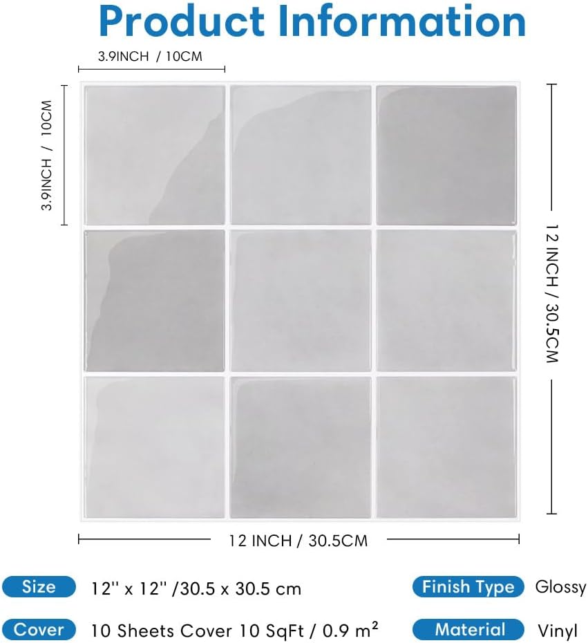 Thumbnail 6 de COMSTICKC Square-006-Thicker-Modern spatwandtegels, lichtgrijs, 10 stuks