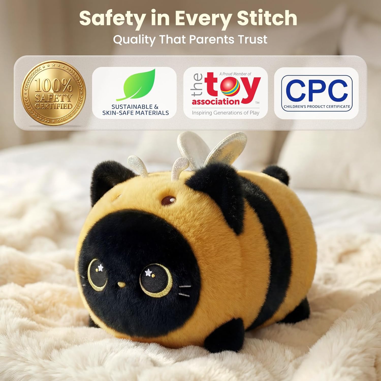 Detalle 2 de Mewaii Cat Bee Plush Pillow 8 Inch