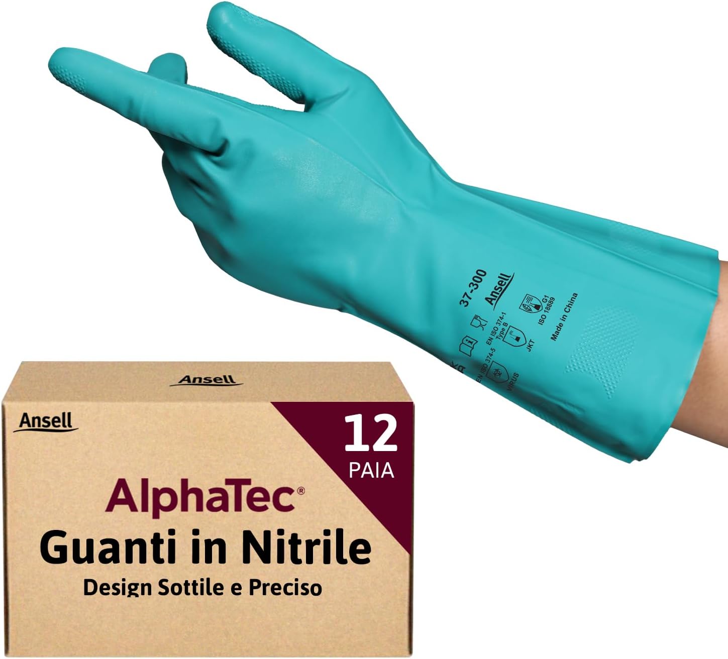 Detalle de Ansell AlphaTec 37-300 guanti in nitrile taglia M, 12 paia