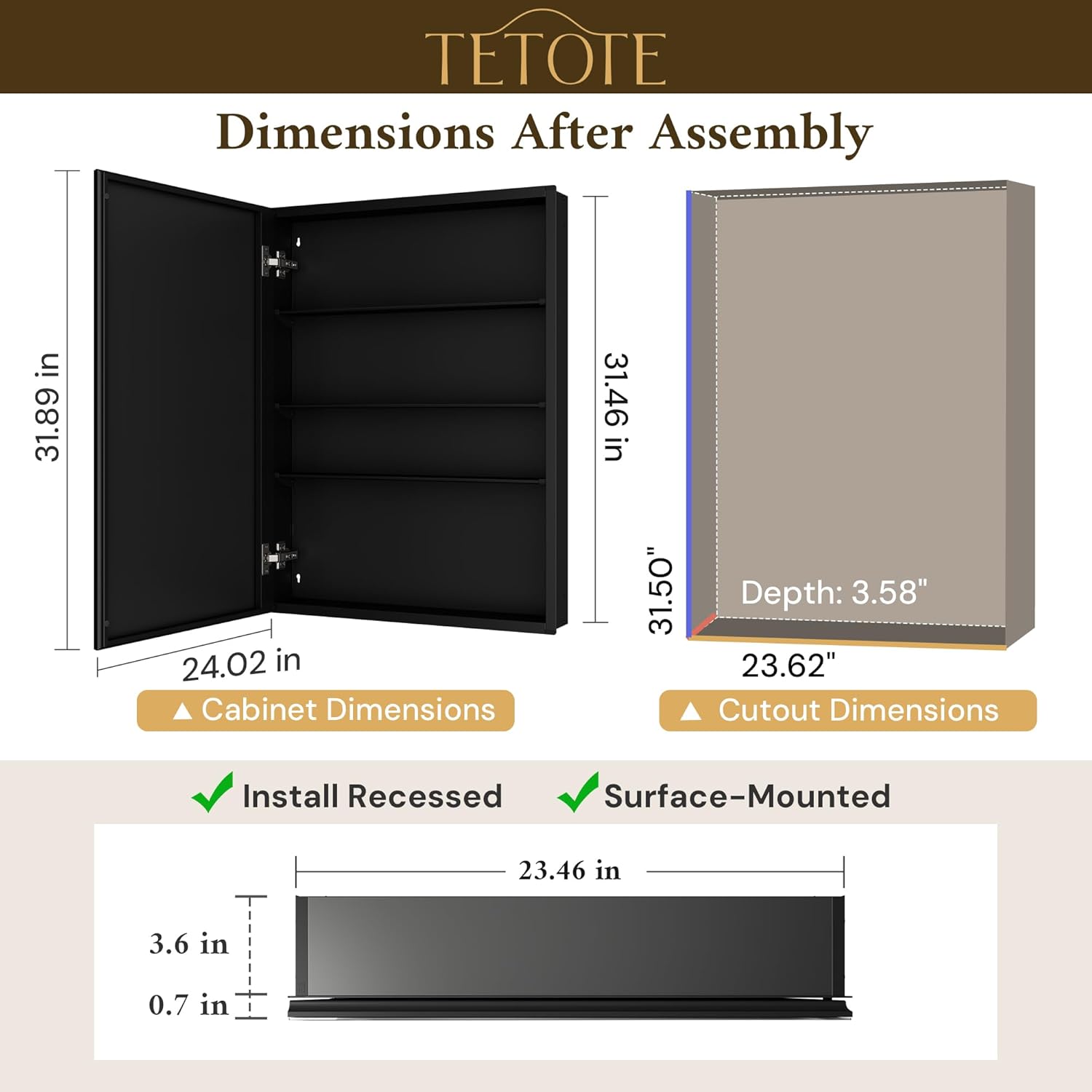 Thumbnail 1 de TETOTE 24 x 32 Medicine Cabinet with Mirror (Recessed or Surface-M mounted) in Black