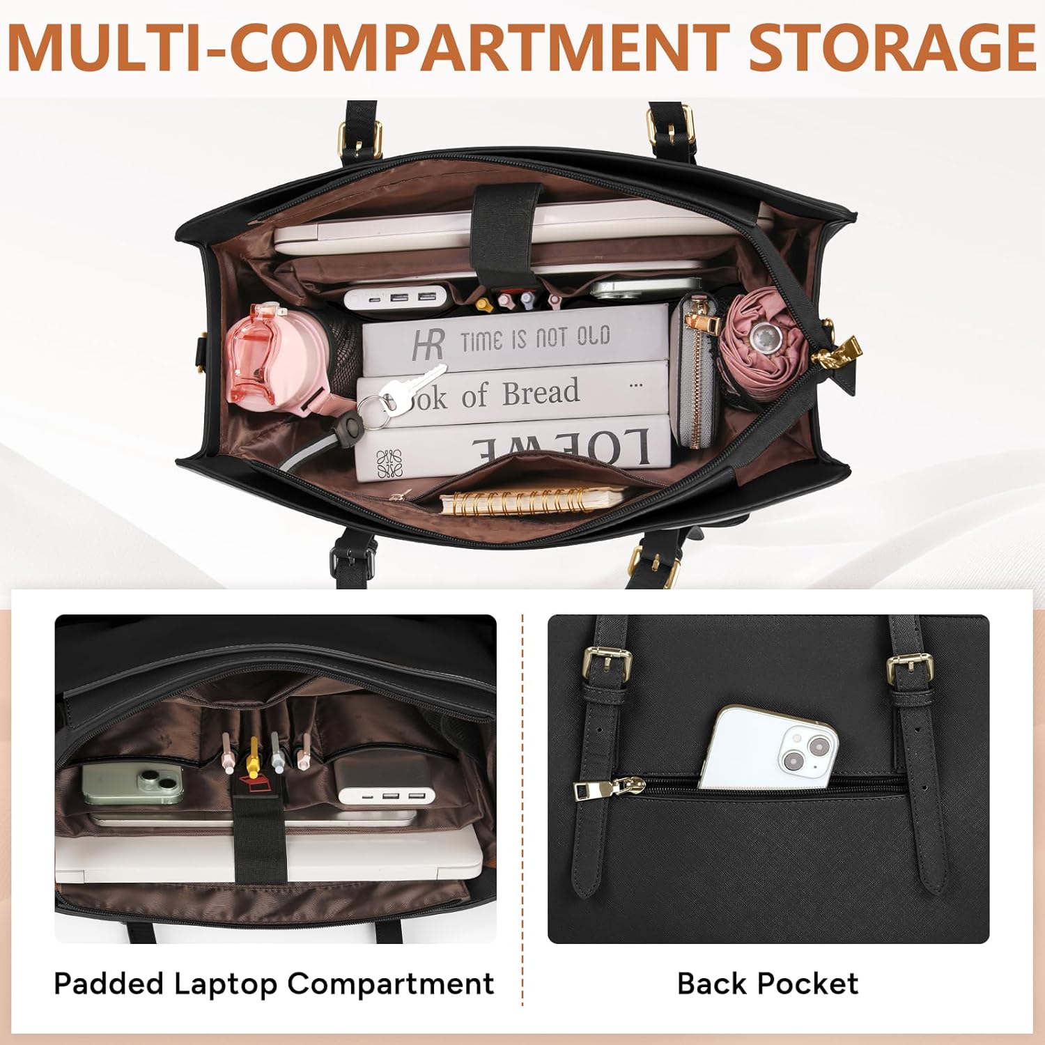 Detalle de RAINSMORE 15.6-inch Laptop Bag for Women with Insulated Lunch Compartment – PU Leather Work Tote