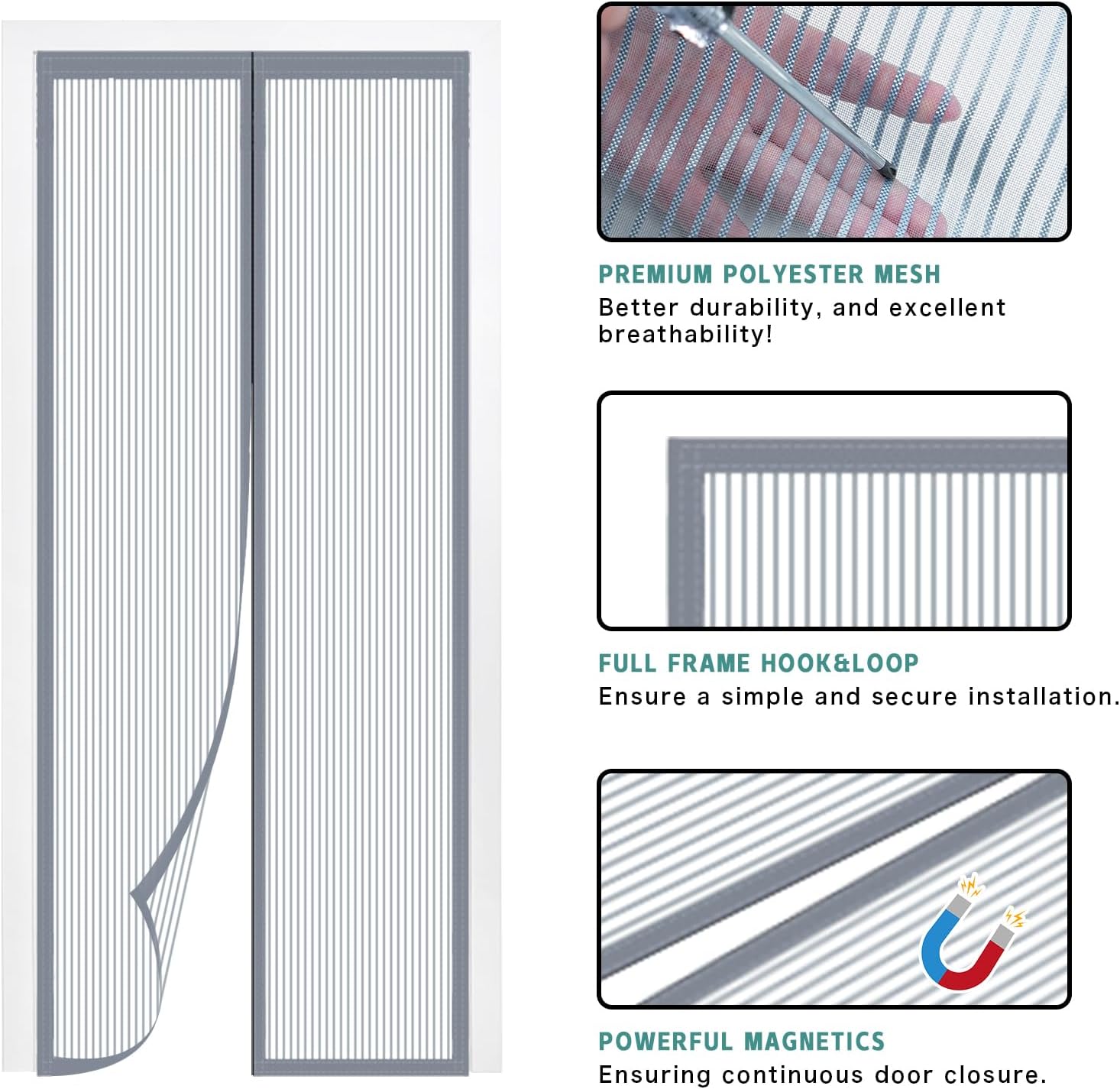 Thumbnail 2 de SMALUCK Magnetic Door Screen: Heavy-Duty Fly Mesh 80 x 200 cm in Grey