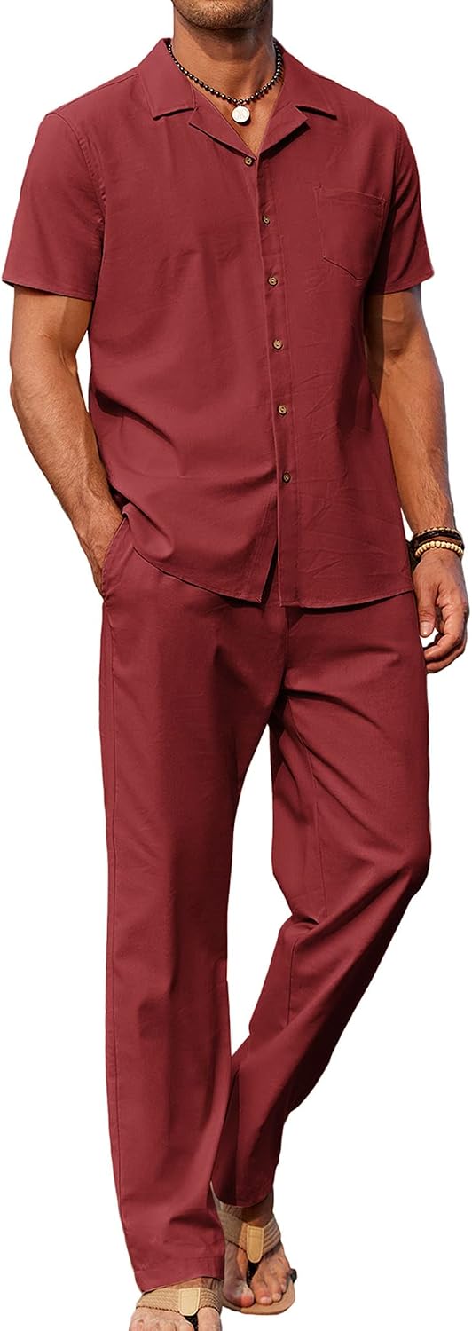 Detalle de COOFANDY ZTJ008586 Men’s Linen-Blend Beach Set with Camp-Collar Shirt