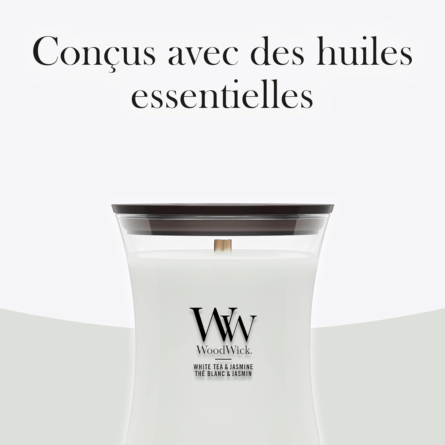 Detalle de WoodWick jarre parfumée moyenne Thé Blanc & Jasmin à mèche en bois crépitante (jusqu’à 60 h)