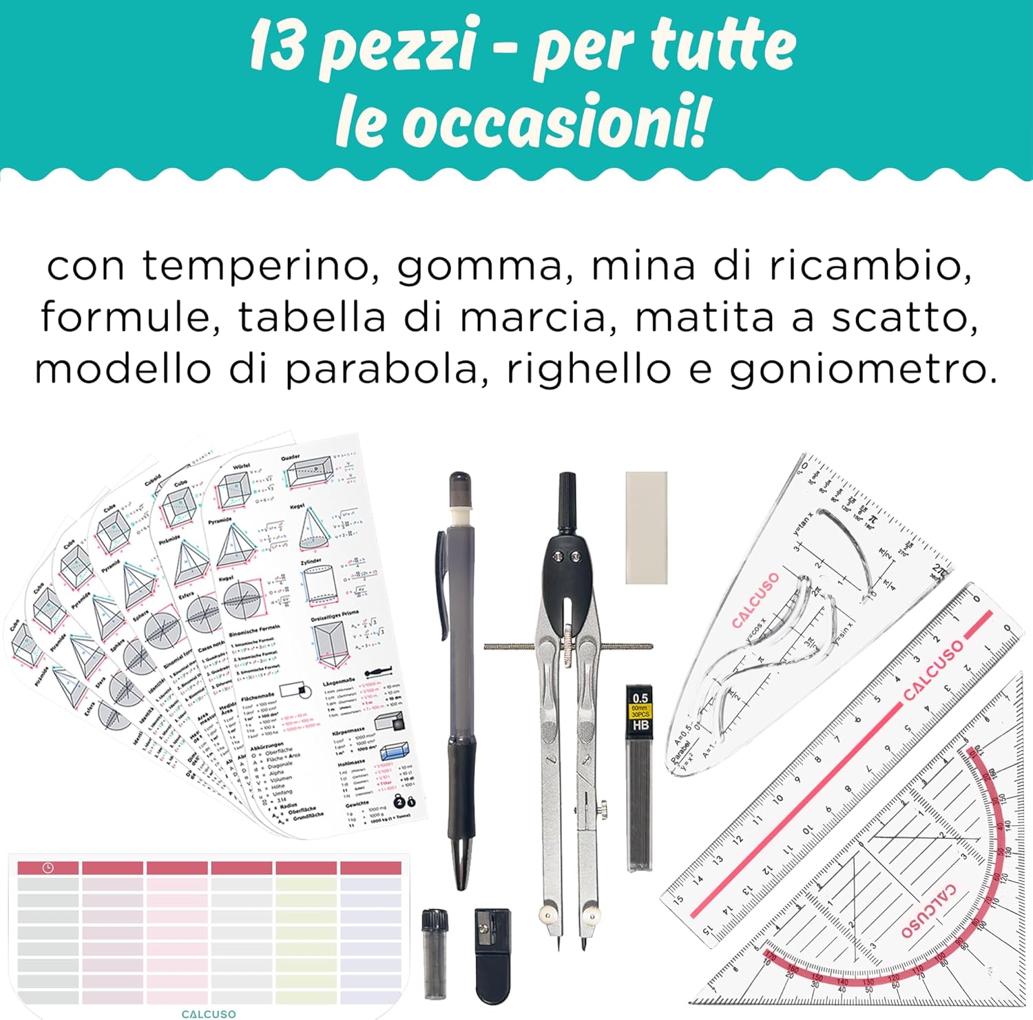 Thumbnail 1 de CALCUSO Set di Geometria PRO in astuccio rosso: compasso, goniometro e strumenti essenziali per scuola e studio
