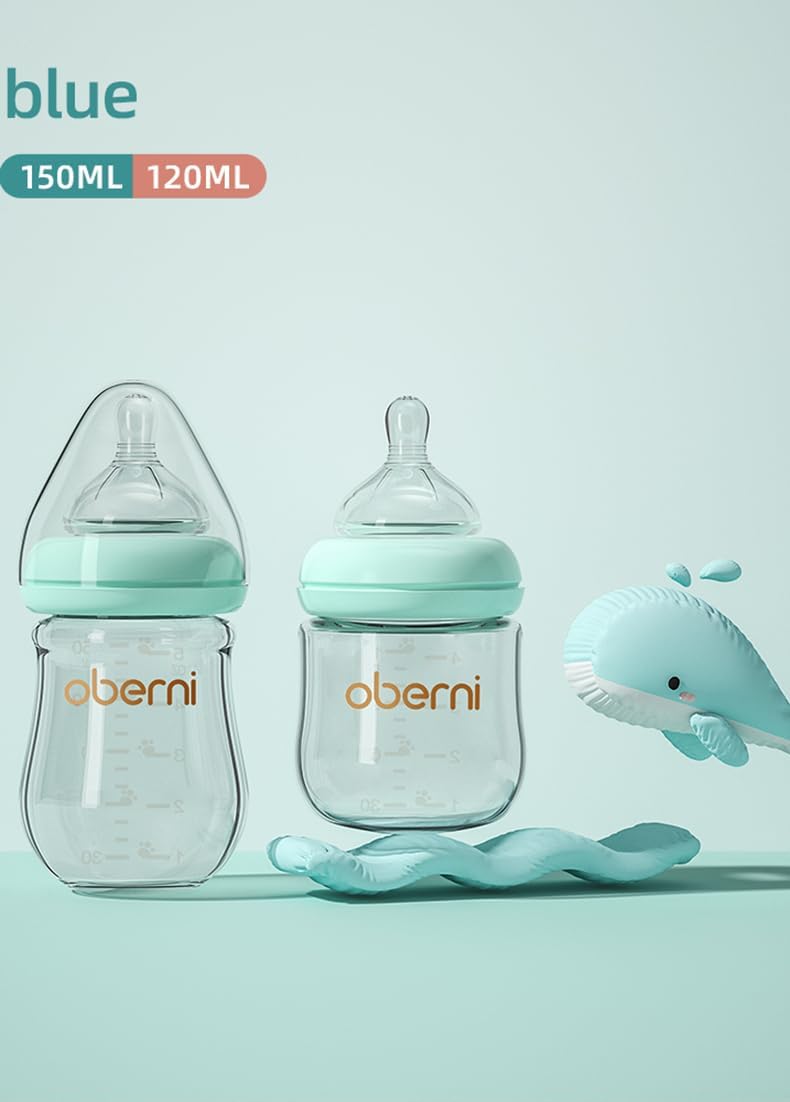 Detalle 2 de Oberni Anti-Colic Glass Baby Bottles with Slow Flow Teat – 150ml, Wide-Neck (2-Pack), Blue