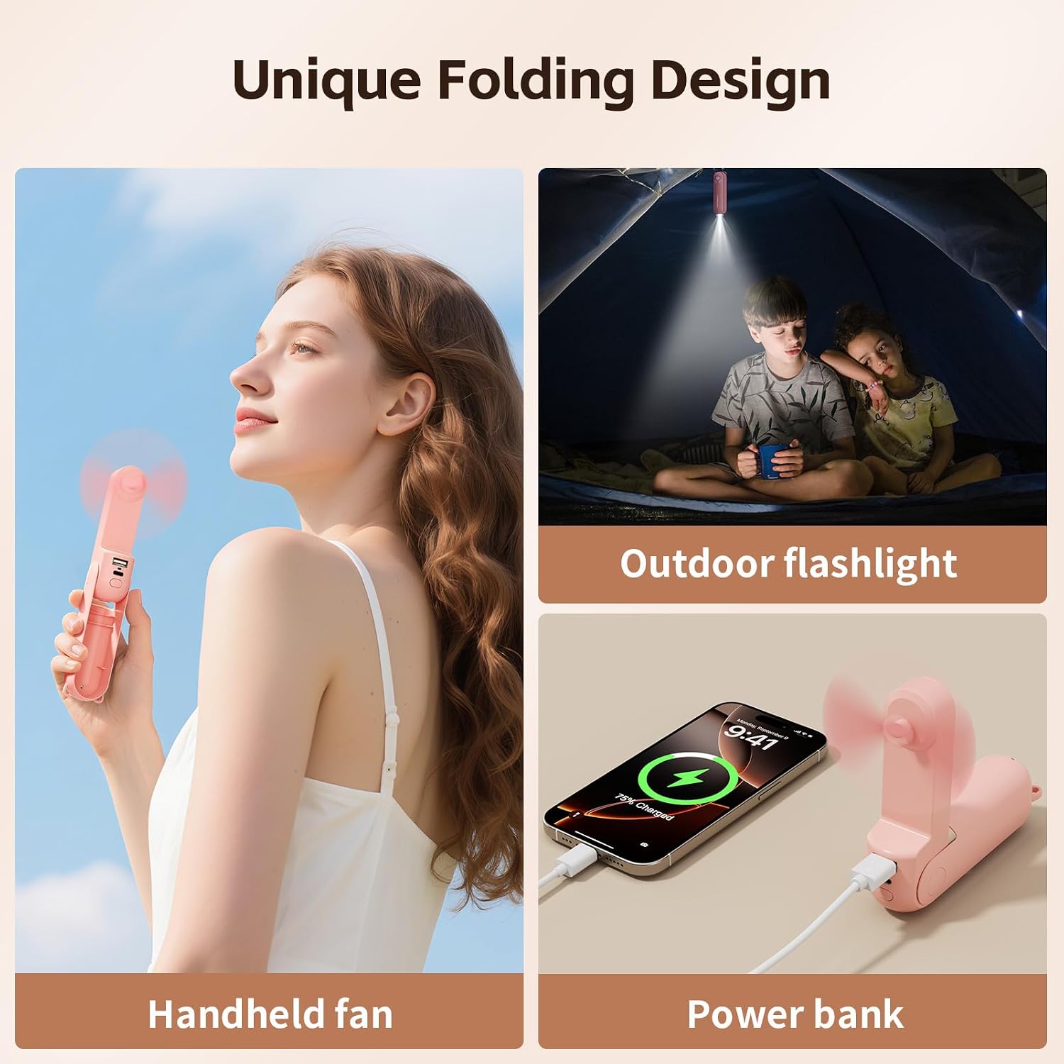 Thumbnail 3 de Morelax Portable Handheld Fan: 3-in-1 USB Rechargeable Mini with LED Torch & Emergency Power Bank