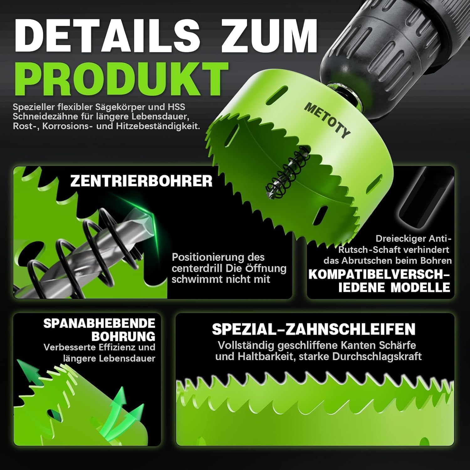 Thumbnail 3 de METOTY 48 mm Bi-Metall-Lochsäge (HSS M42) Universal mit Dreiecksschaft-Adapter & Zentrierbohrer
