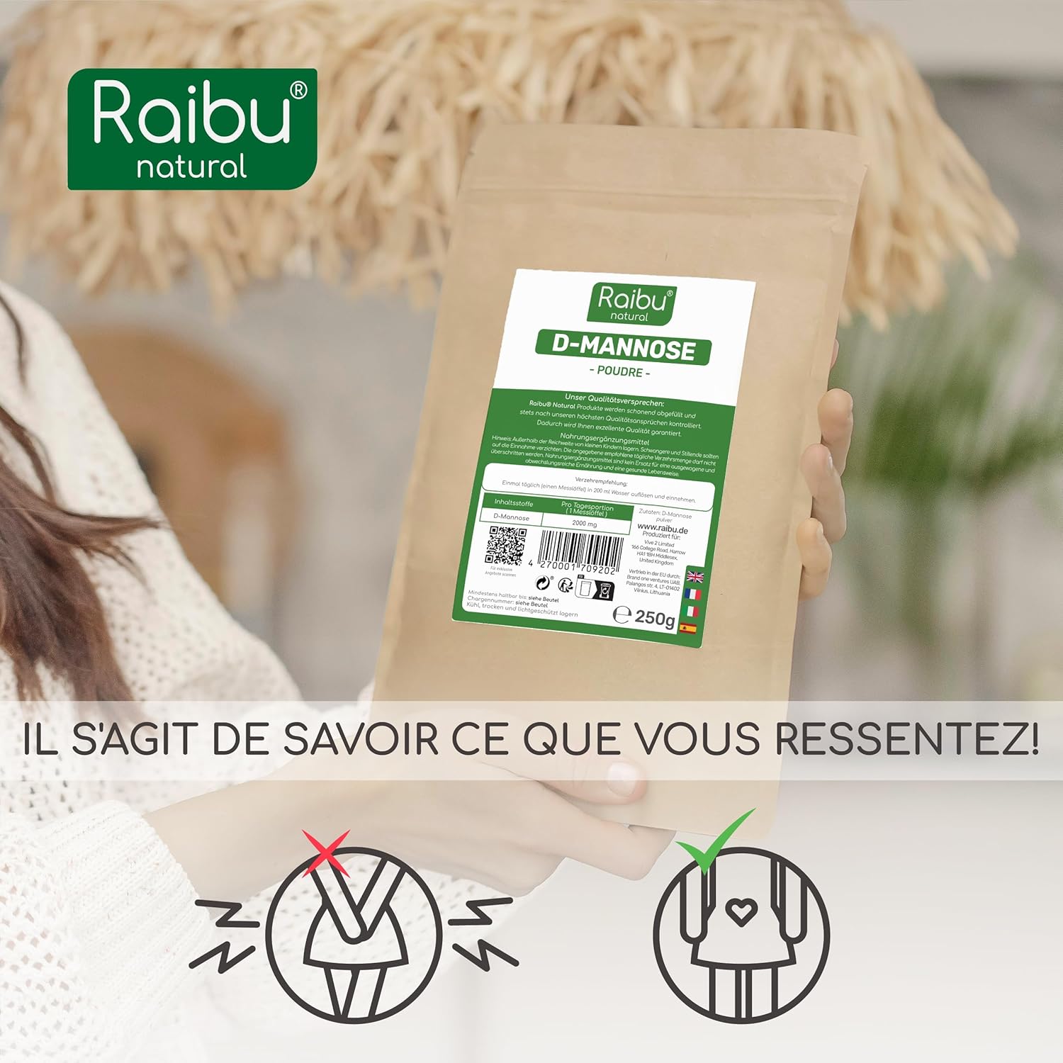 Detalle 2 de Raibu D-Mannose Poudre 250 g – Plus de 4 Mois, 2000 mg par dose, végétalien et sans additifs