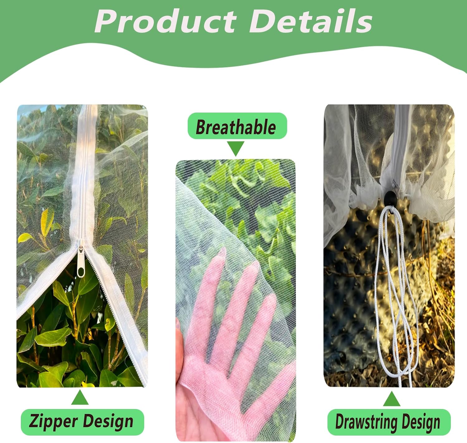 Detalle 2 de 3x3M Fruit Tree Net: Large Garden Netting with Drawstring and Zipper for Bird and Insect Protection