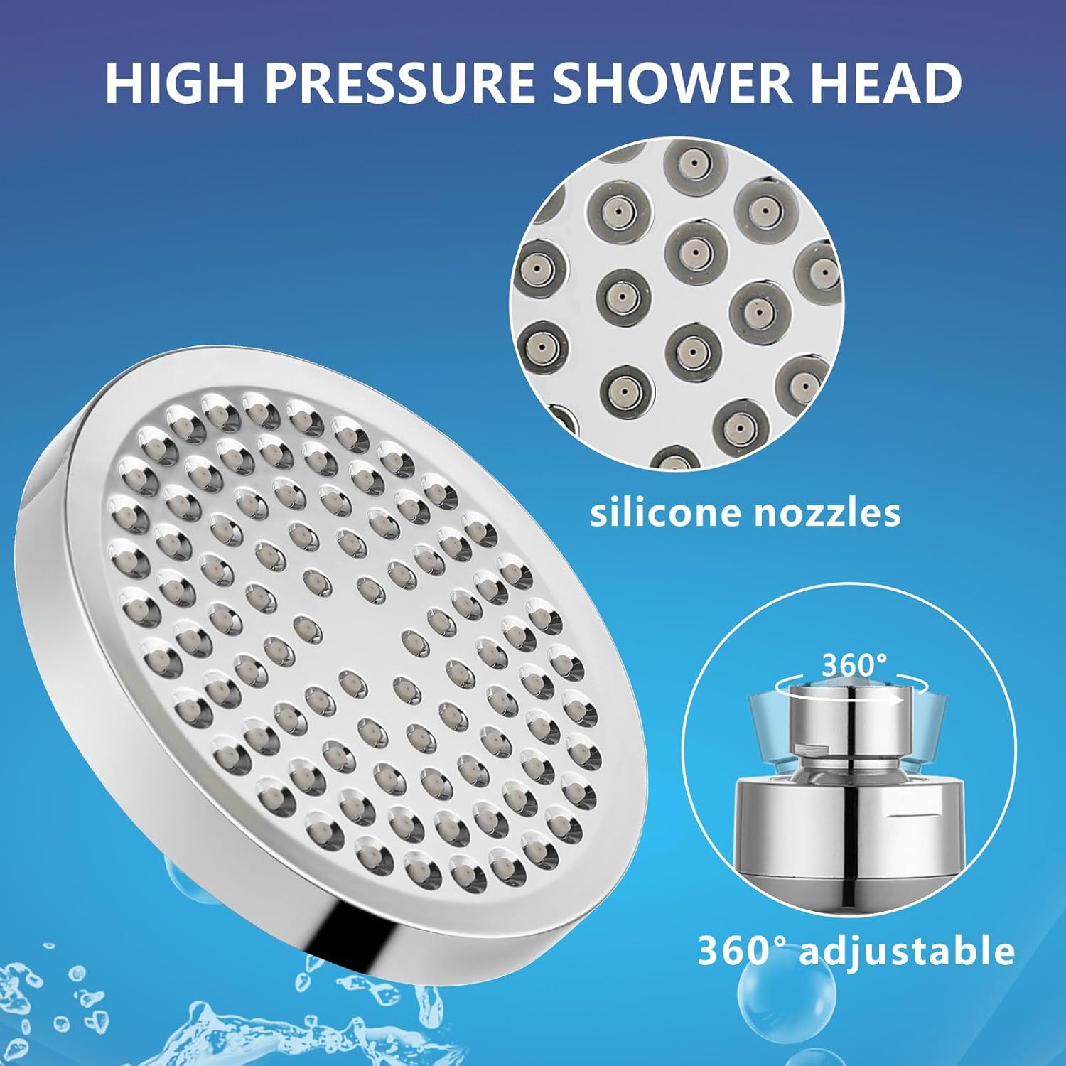 Detalle de Eolax High Pressure Rain Shower Head – 6 Inch Round Fixed Shower with Swivel Ball, Chrome Finish