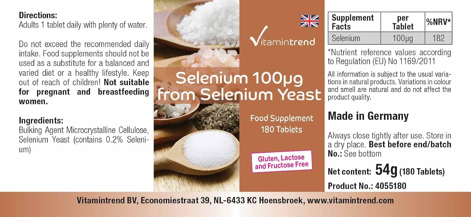 Detalle de Vitamintrend Selen 100 μg aus Selenhefe – 180 Tabletten, vegan, ohne Magnesiumstearat, in Deutschland hergestellt