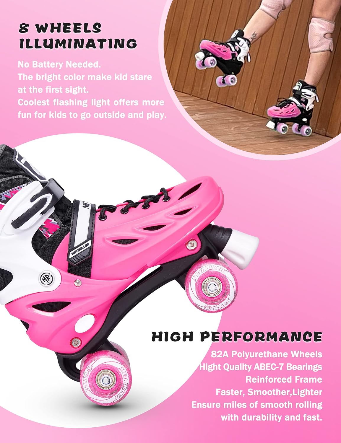 Thumbnail 2 de METROLLER Adjustable Light-Up Roller Skates for Kids & Teens — 4-Size Fit, Safe Beginner to Pro Option