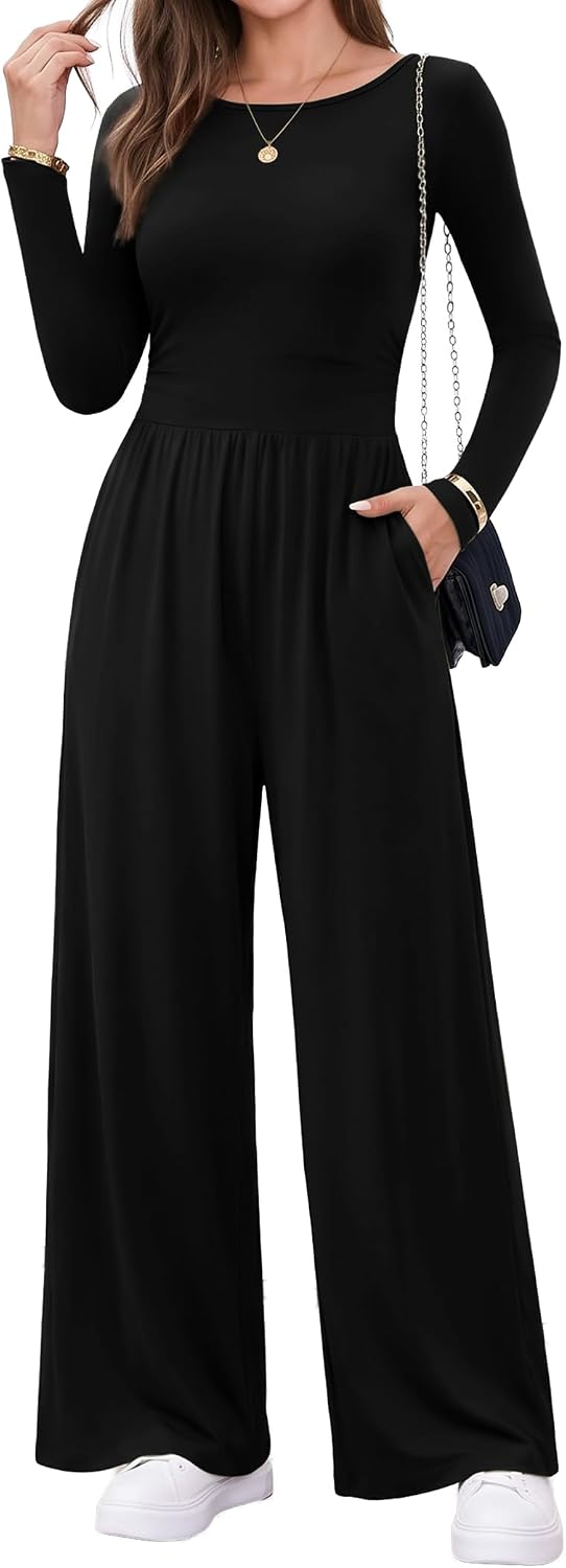Detalle de Ekouaer Women's Long-Sleeve Jumpsuit with Wide Legs and Ruched Waist