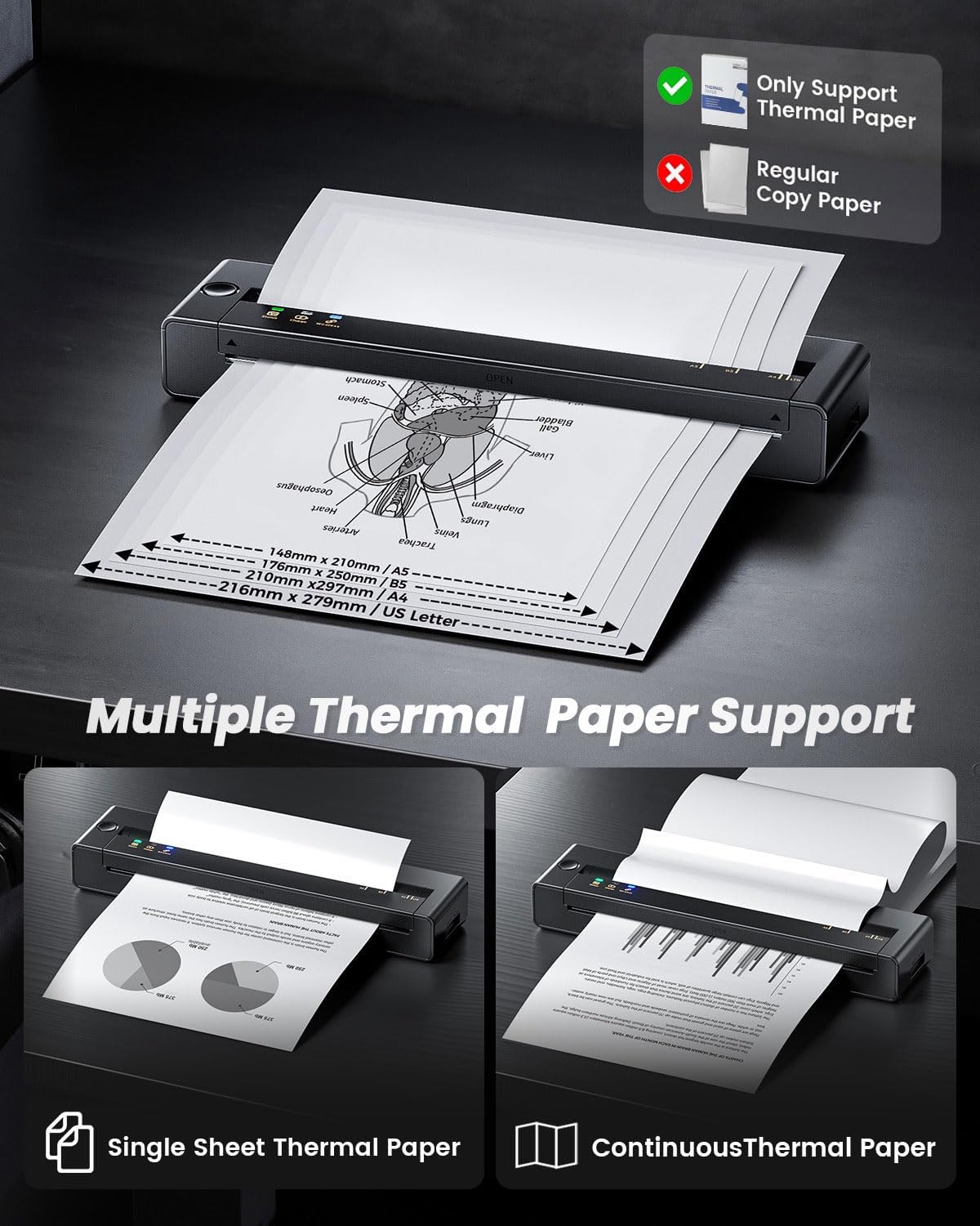 Detalle de Portable Thermal Printer A4, A28U Wireless No Ink Printer