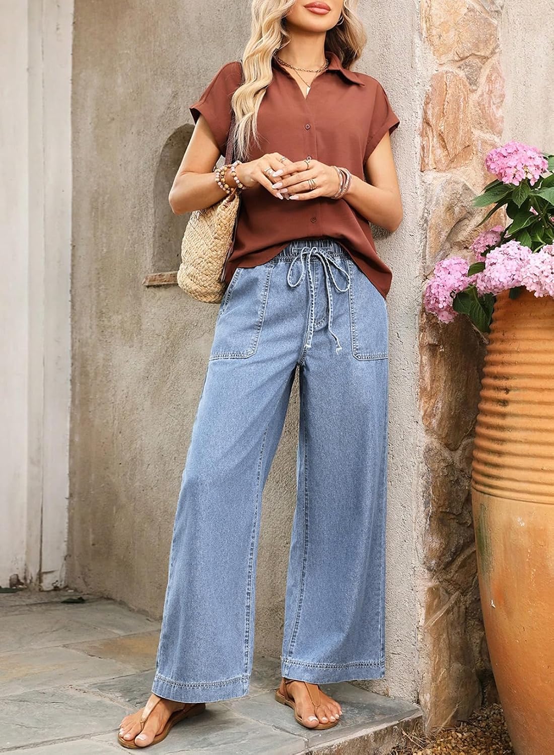Detalle de SHEWIN Women's Wide-Leg Jeans, Cotton Blend