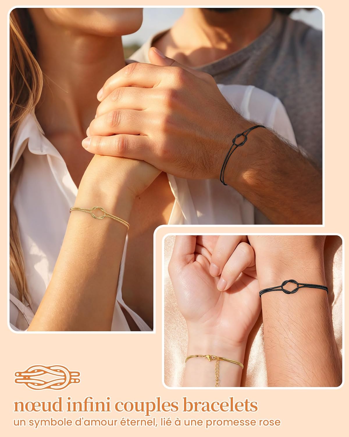 Thumbnail 1 de CheersLife Bracelet couple 2 pièces nœud, promesse pour Mr & Mrs (taille ajustable)