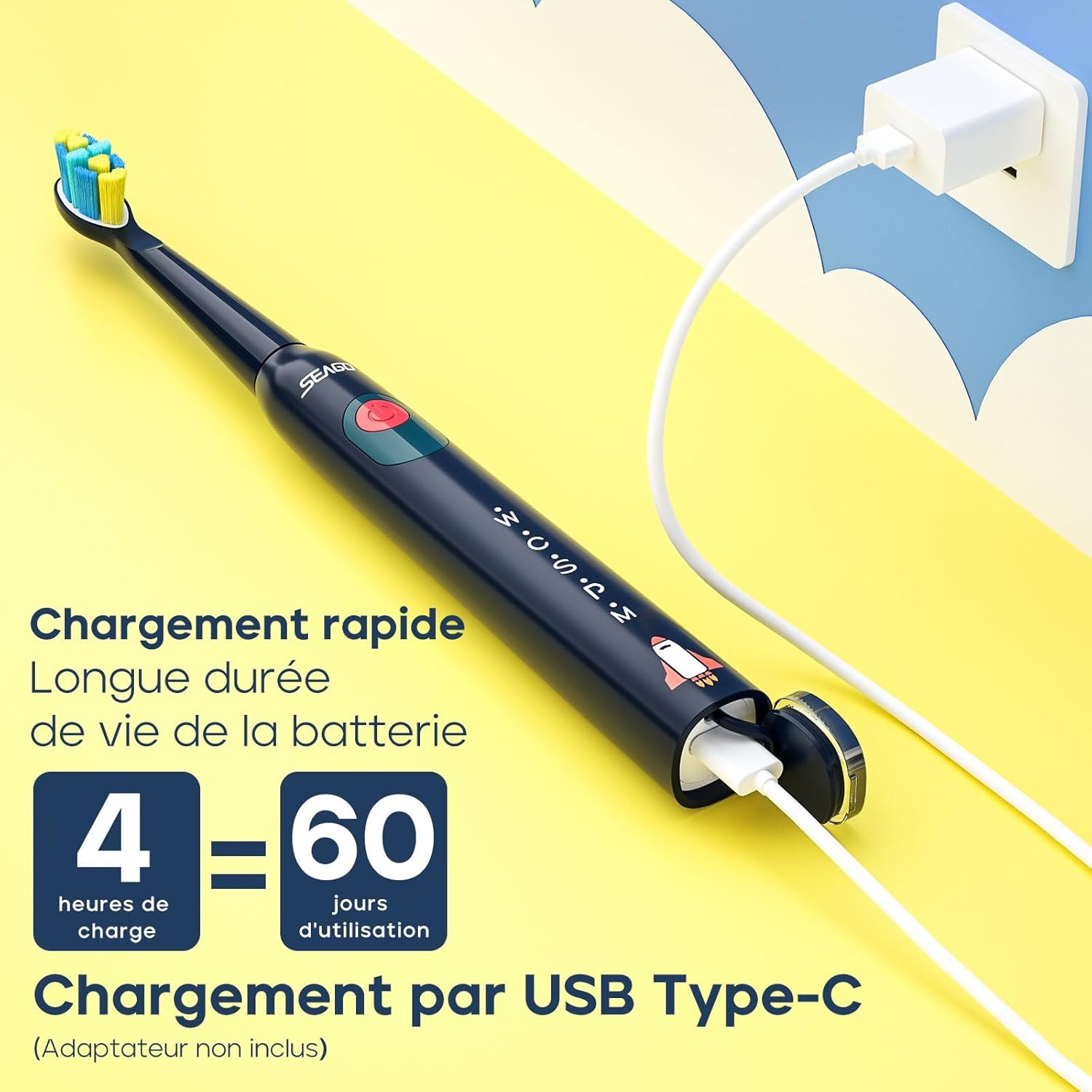 Thumbnail 6 de Seago SG2303 brosse à dents électrique rechargeable pour enfants (bleu marine) avec minuterie 2 minutes et 8 têtes