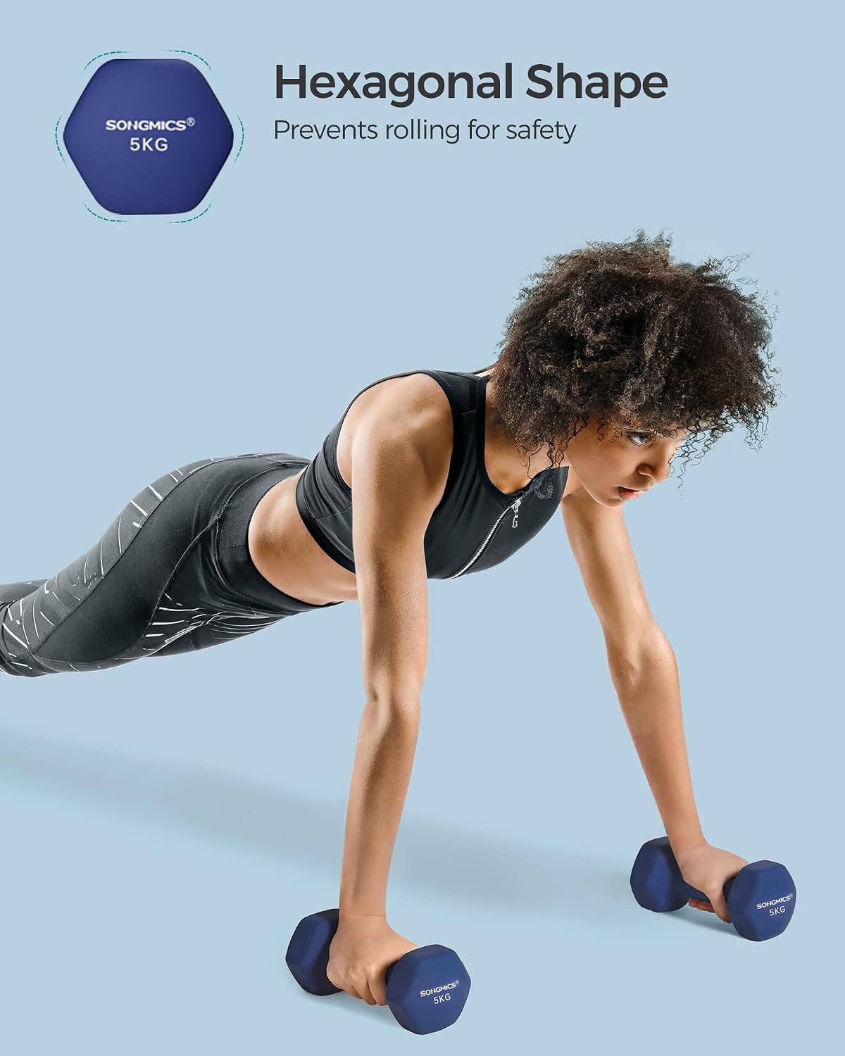 Thumbnail 5 de SONGMICS Hex Dumbbells, 2 x 5 kg, Neoprene-Coated, Port Blue