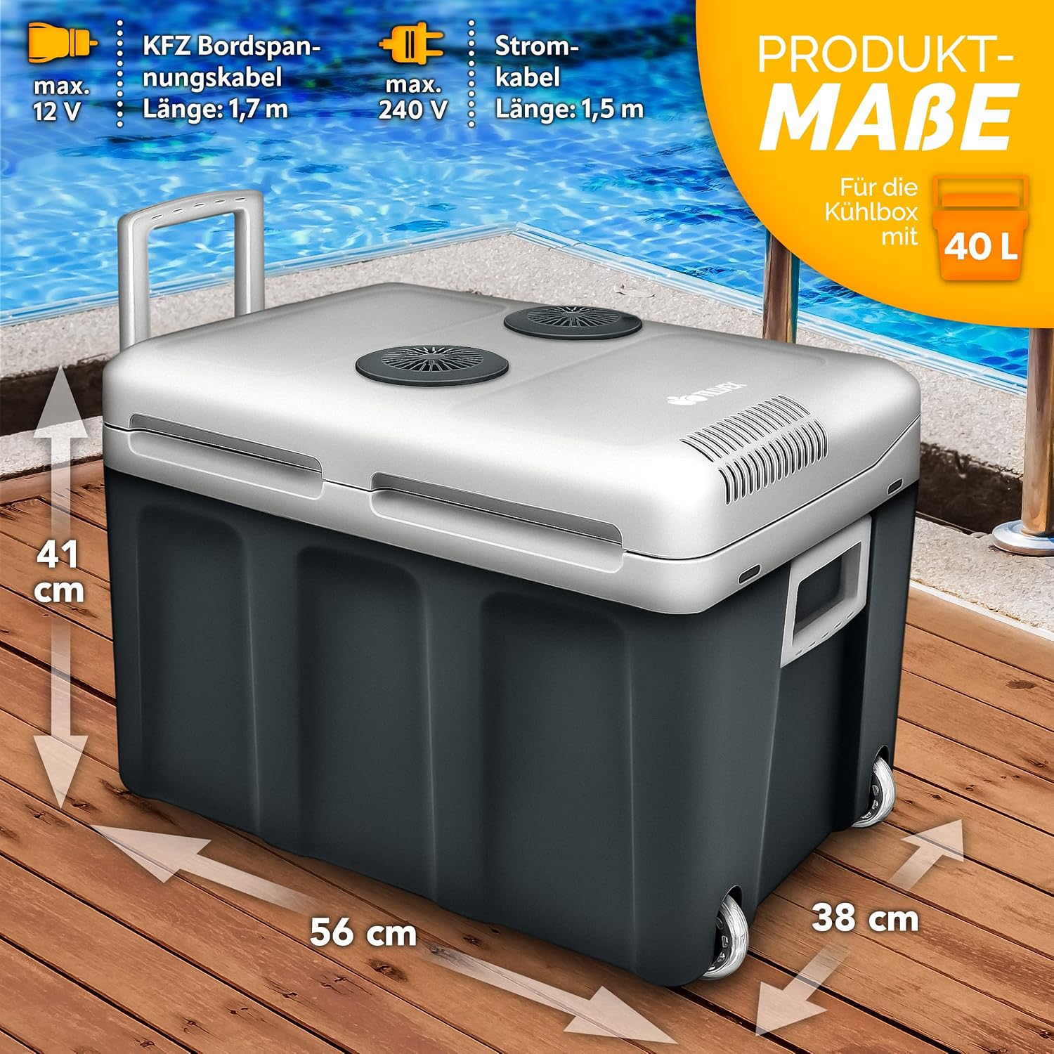 Detalle de tillvex Kühlbox elektrisch 40L mit Rollen – Mini-Kühlschrank für Auto, Camping und Urlaub