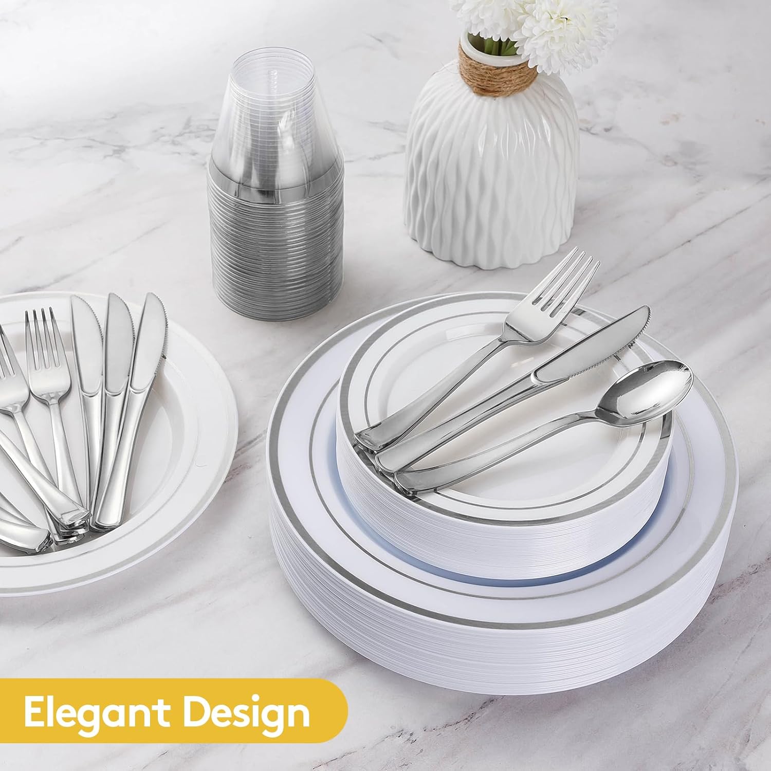 Detalle de Goodluck 600-Piece Disposable Silver Plates Set for 100 Guests