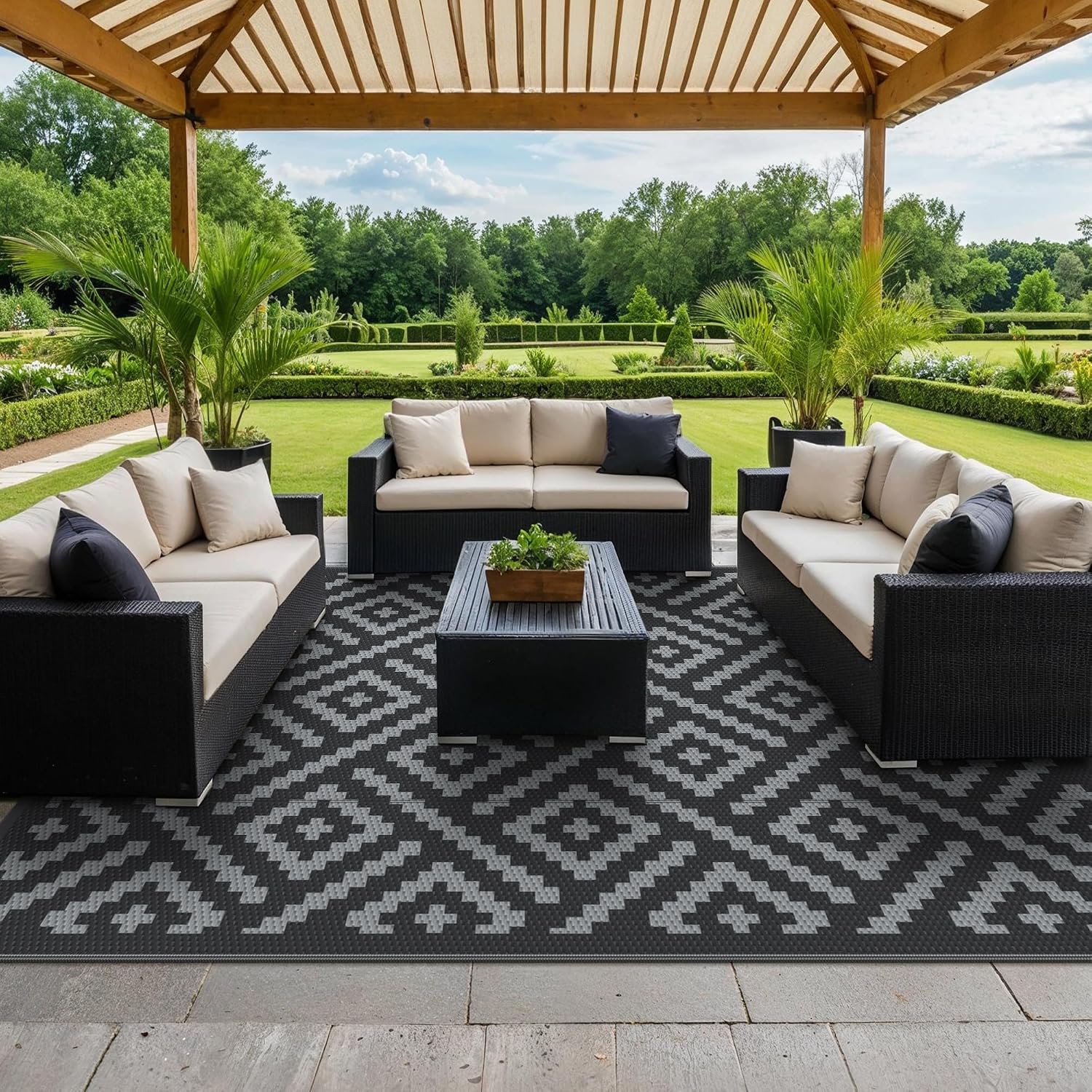 Thumbnail 5 de GENIMO Plastic Straw Rug Outdoor Area Rug, 9' x 12', Reversible Black and Gray
