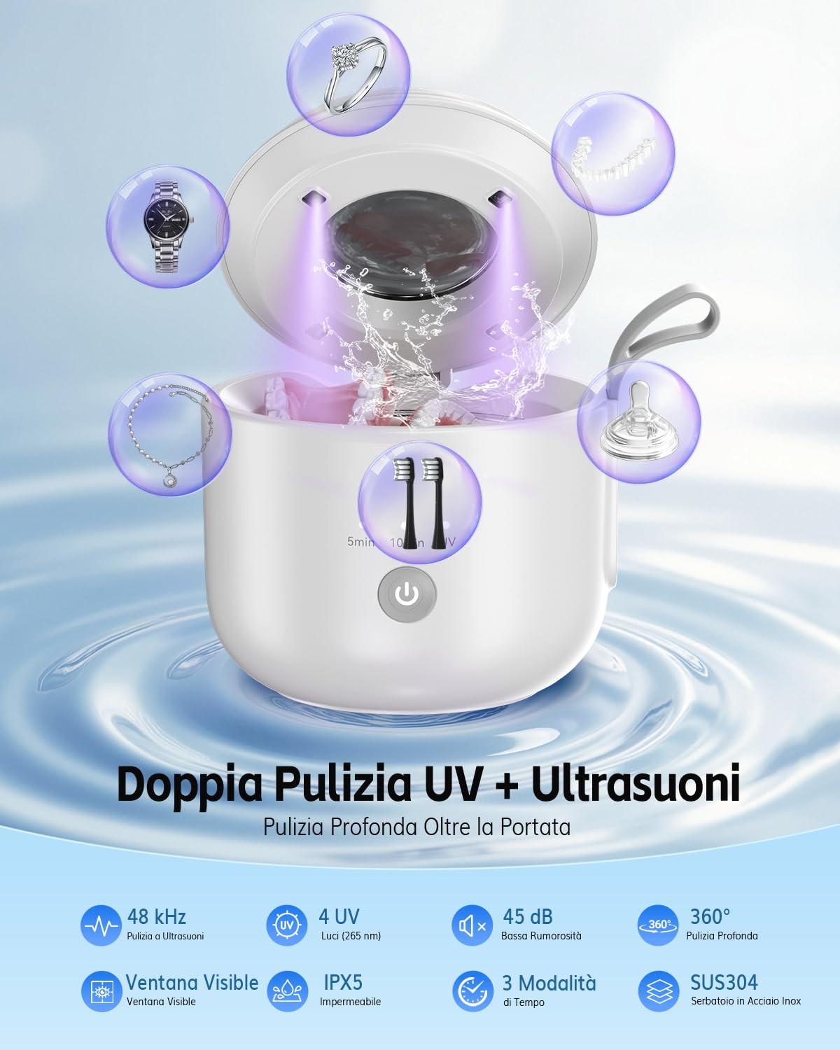 Thumbnail 6 de Jeatone Pulitore Ultraoni Senza Fili 48kHz, 125ml con UV e 3 Modalità – Portatile