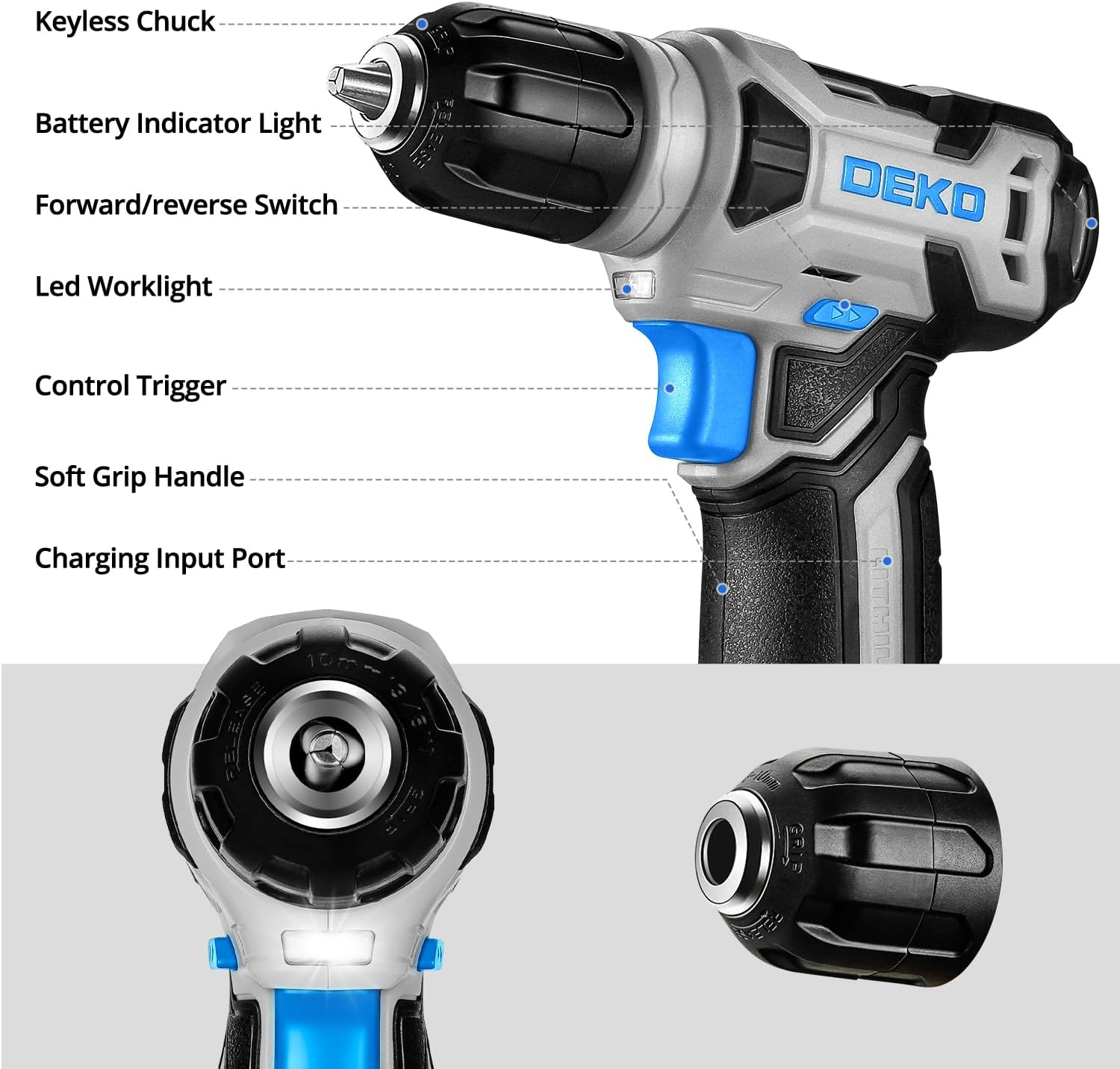 Detalle 2 de DEKOPRO DKMT126BL Cordless Drill Tool Set with LED Light and Hand Tools