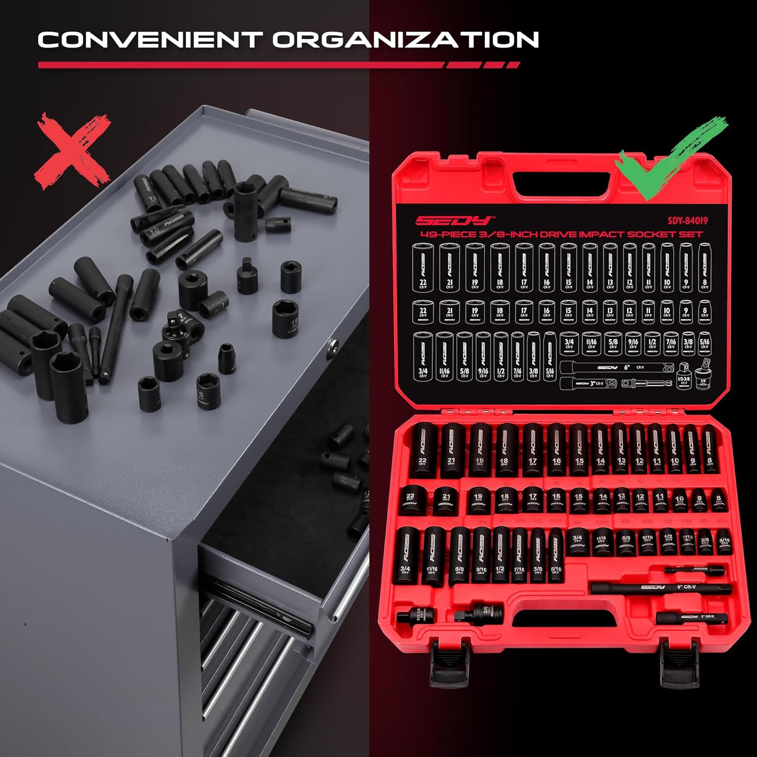 Thumbnail 6 de 3/8-Inch Drive Impact Socket Set – 49-Piece SAE & Metric (5/16 to 3/4 inch, 8–22mm) with Extensions and Universal Joint