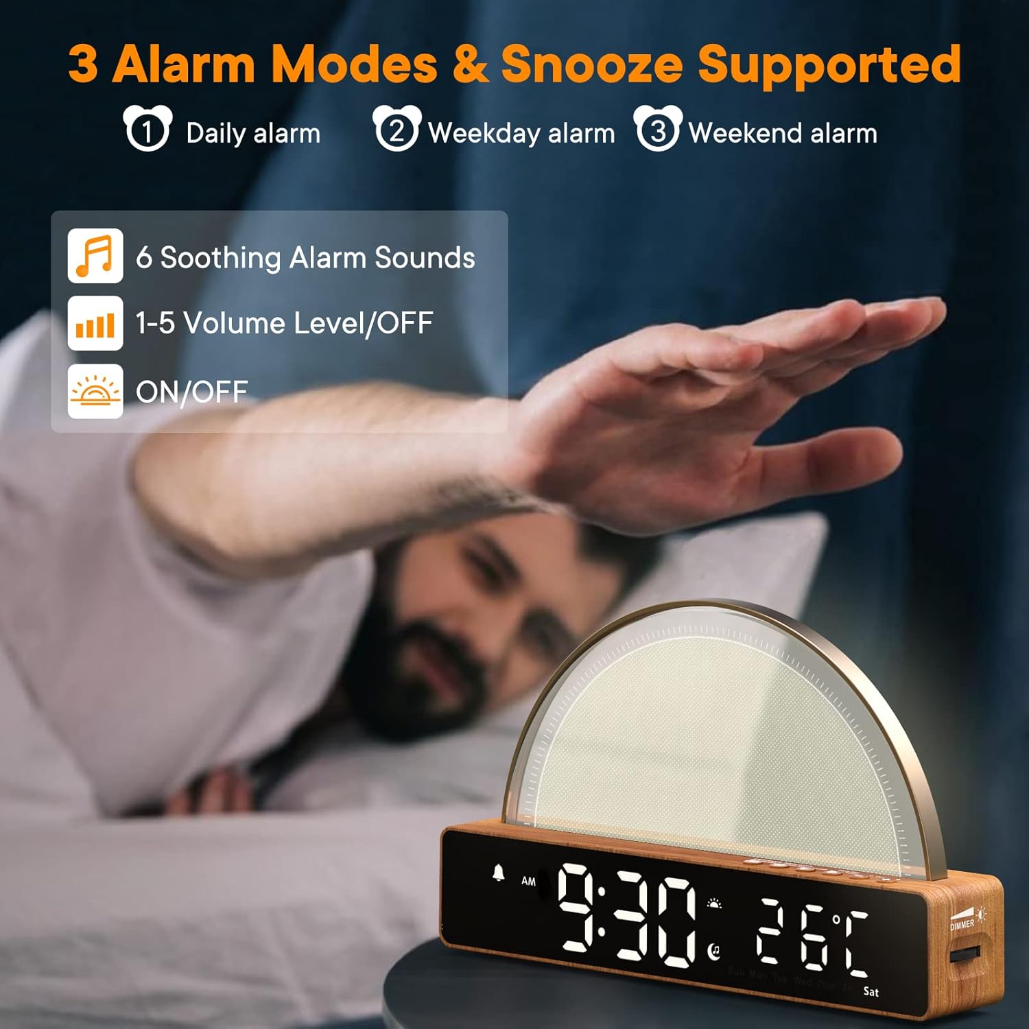 Detalle de Réveil lumineux avec simulation de lever du soleil, lampe à 7 couleurs et mode sommeil (snooze, 6 sonneries, 10 sons)
