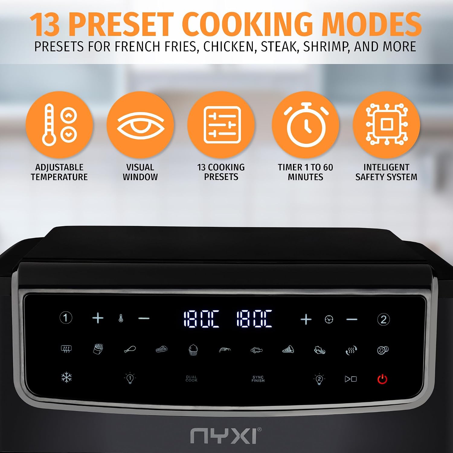 Detalle de Nyxi Dual Basket Air Fryer 9L (4.5L each) with Visual Window, 13 Cooking Modes, Model 3867
