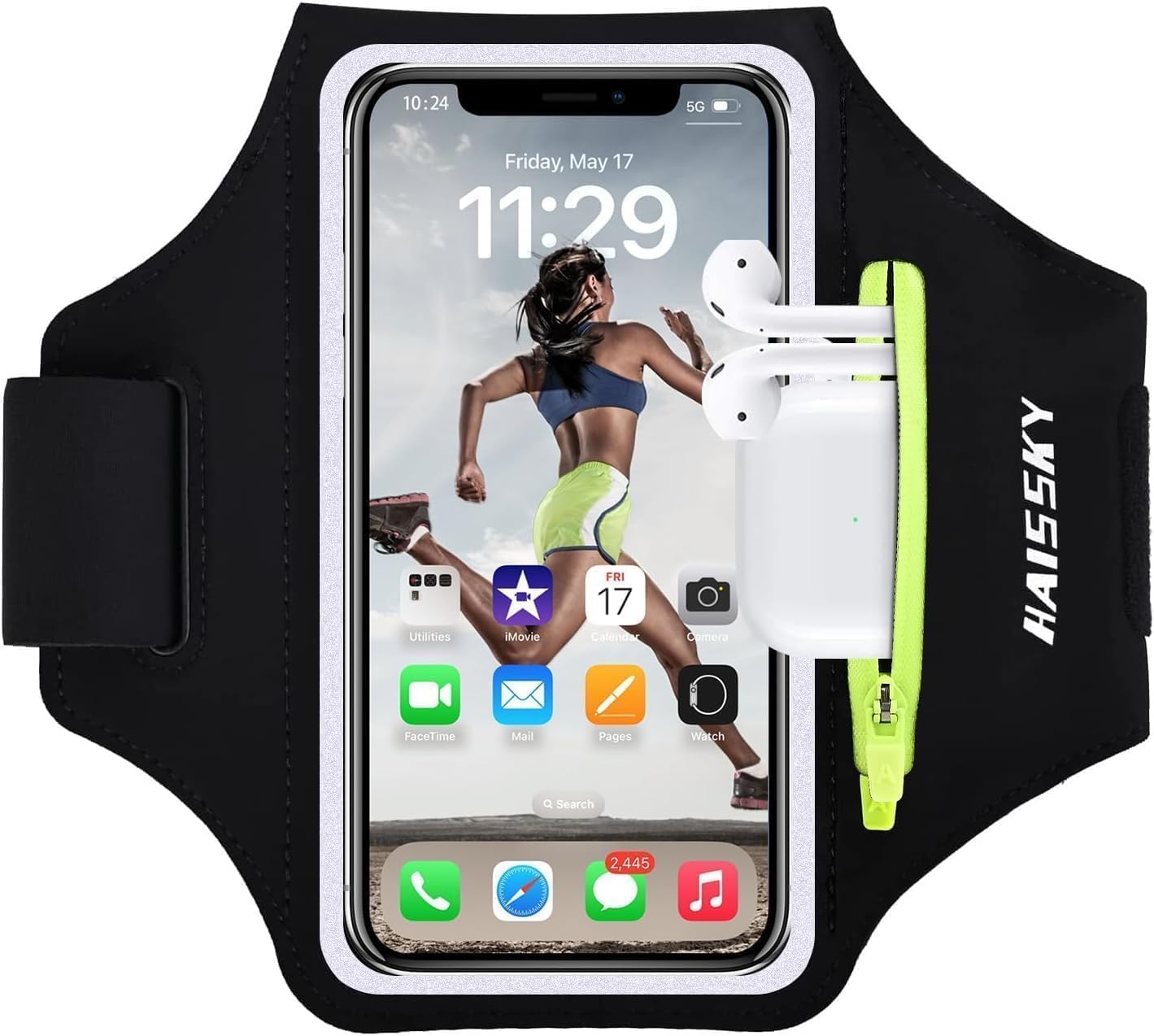 Detalle de Handy Armband fürs Joggen mit Kopfhörer- und Kartenfach – Handyhalterung bis 6,9 Zoll