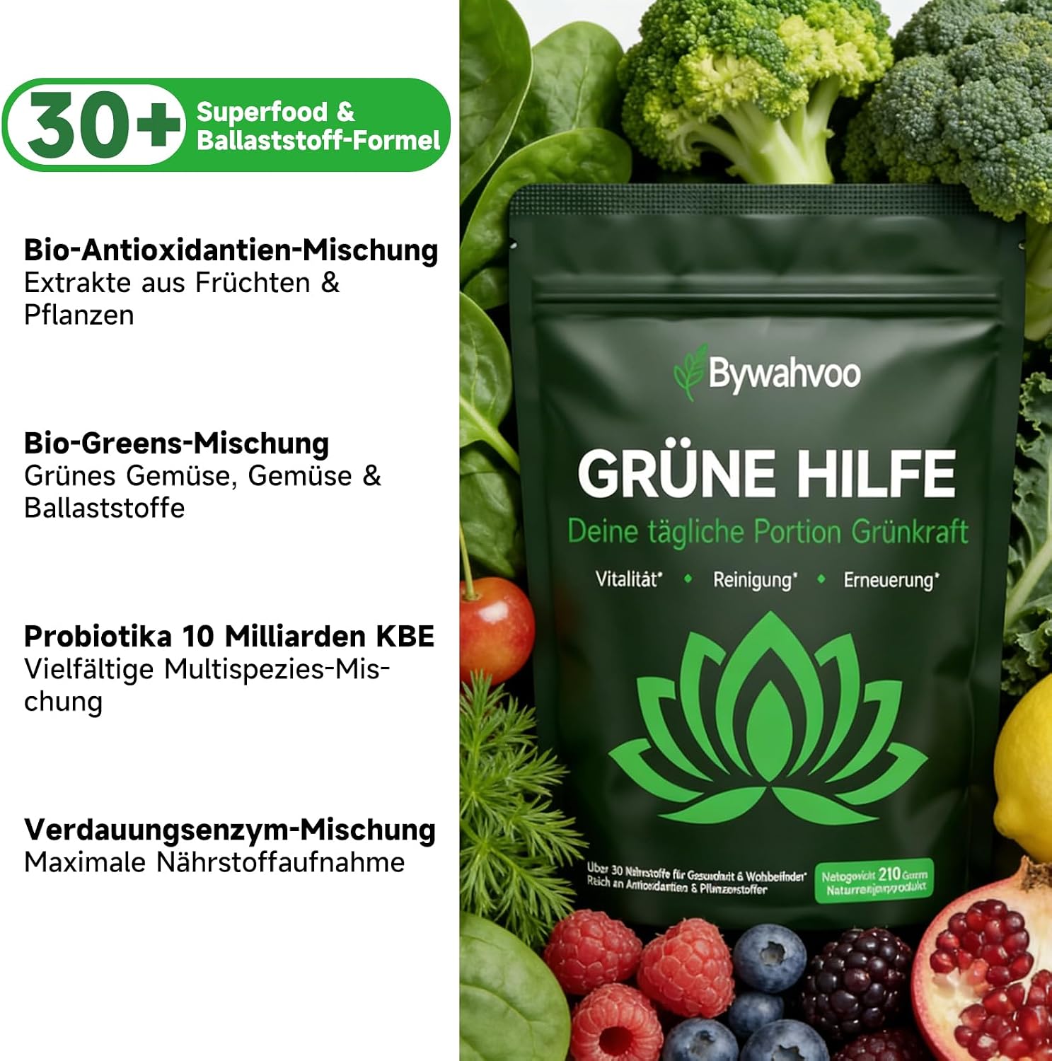 Detalle de Grünes Superfood Pulver 210g – Vegan Greens Mix mit Matcha, Spirulina, Gerstengras & Heidelbeere
