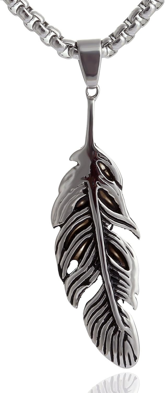 Detalle de DonDon Collana Uomo in Acciaio Inox con Ciondolo Foglie – Lunga 52 cm, con sacchetto in velluto nero