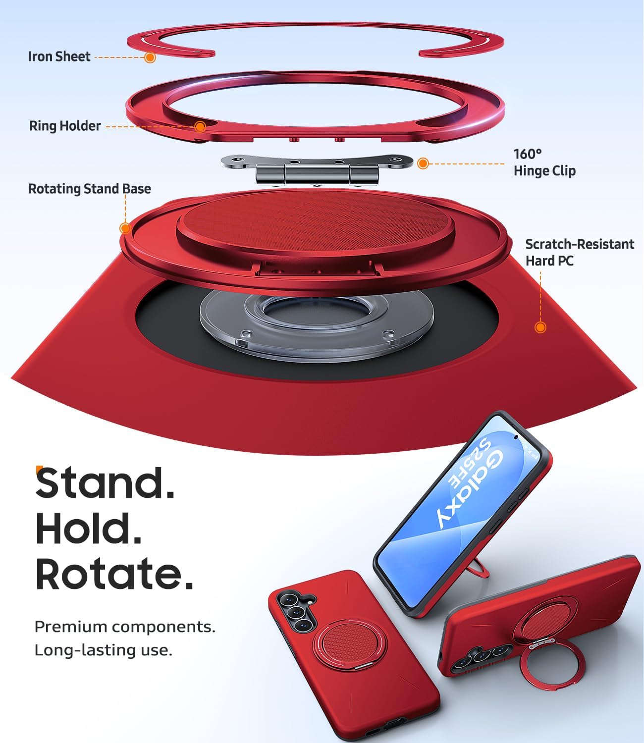 Thumbnail 5 de JAME Galaxy S25 FE Case with Ring Stand, Dual-Layer Protection, and Screen Protectors (Red)