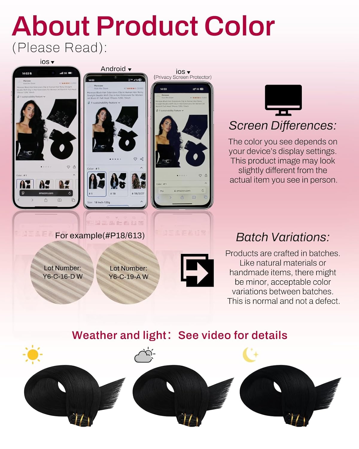 Thumbnail 6 de Moresoo Black Clip-in Hair Extensions Real Human Hair, 120g/7pcs, 20 Inch