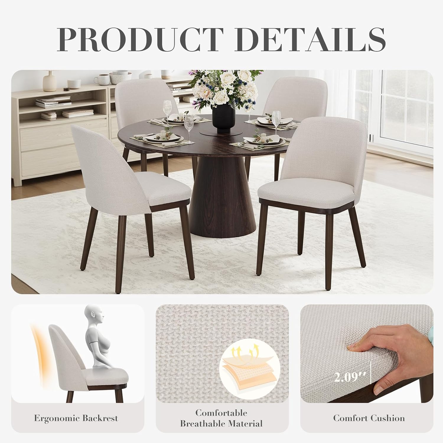 Detalle 2 de COLAMY 3100 Upholstered Dining Chairs, Set of 2, Beige Fabric, Wood Legs